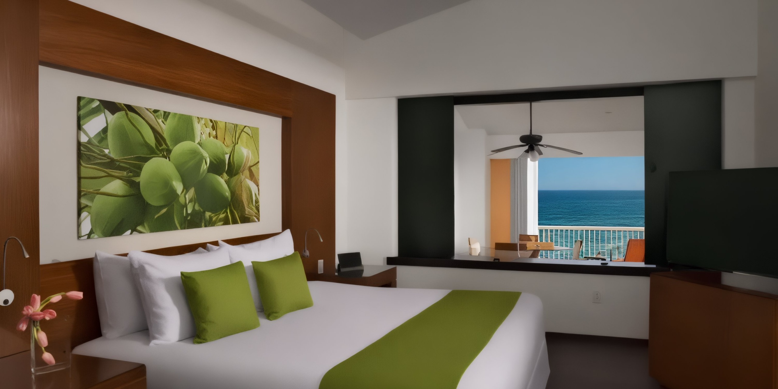 A room at the Krystal Grand Nuevo Vallarta featuring a double bed with green accents, leaf-themed wall art, and an ocean view from the window. A ceiling fan is installed above the balcony.