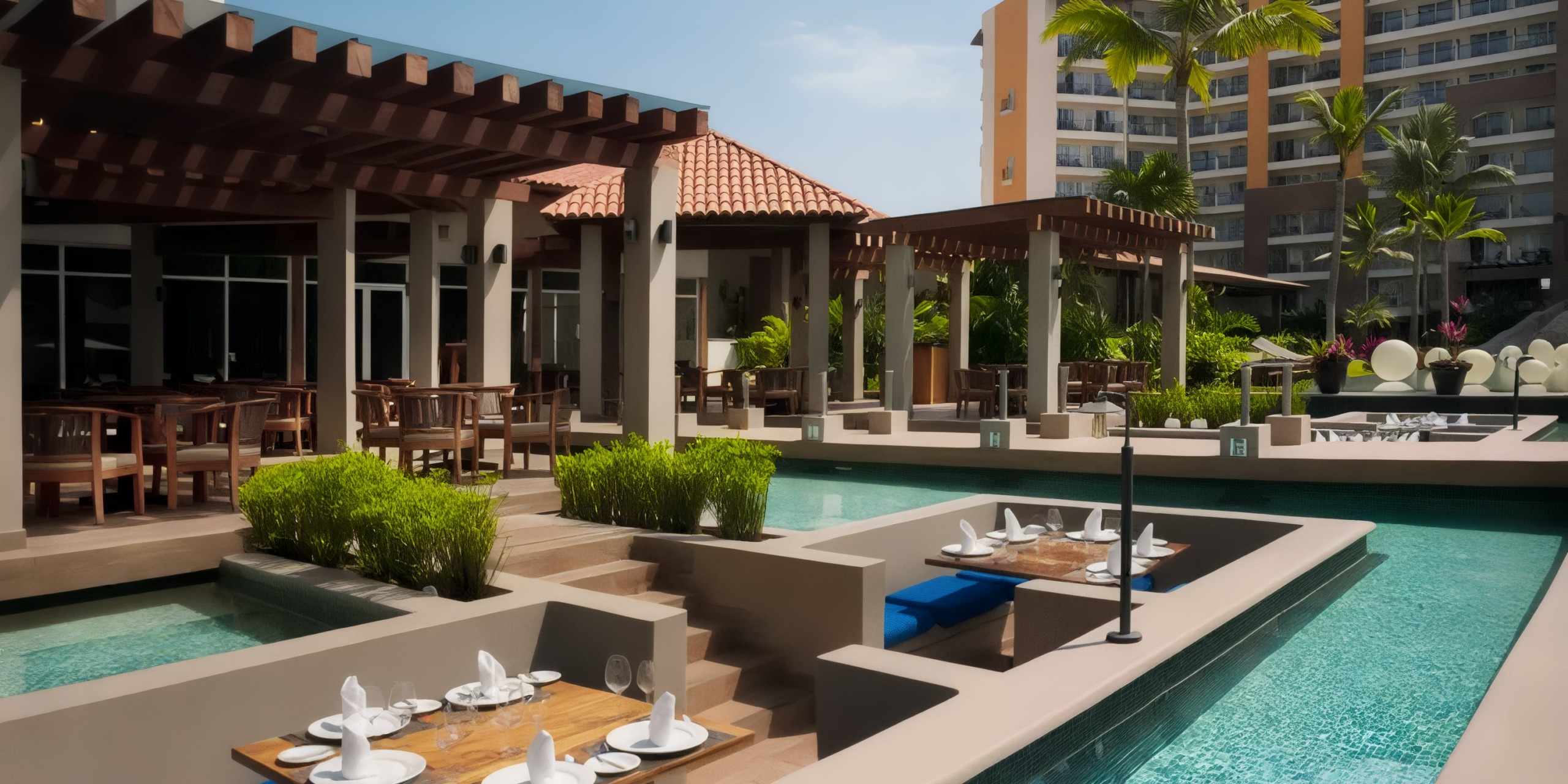 The Krystal Grand Nuevo Vallarta features an outdoor dining area with tables arranged near a pool under a pergola, surrounded by lush greenery and the resort's buildings in the background.