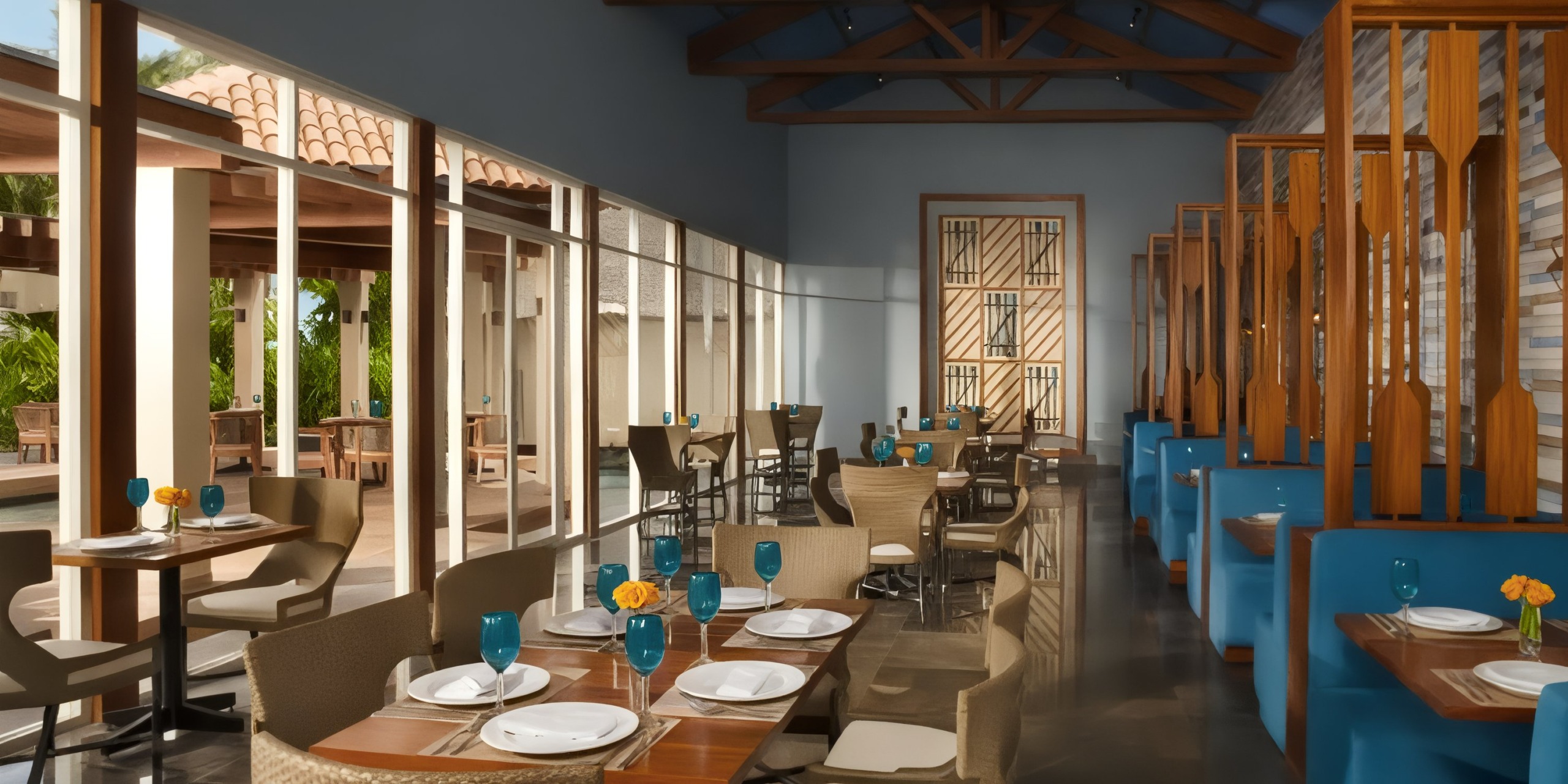 The Krystal Grand Nuevo Vallarta boasts a contemporary restaurant interior featuring wooden tables beautifully arranged with white plates and blue glasses. Expansive windows let in an abundance of natural light, while seating is offered through inviting blue cushioned booths and stylish wooden chairs.