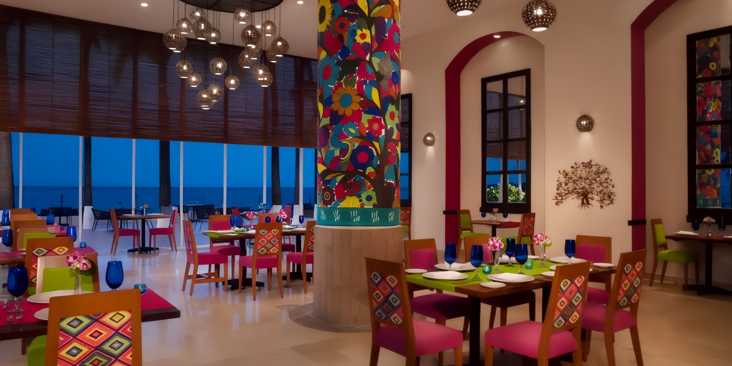 The Krystal Grand Nuevo Vallarta features a vibrant restaurant interior with an array of colorful decor, patterned chairs, and a central column adorned with floral designs. Large windows provide an enchanting view of the ocean in the background.