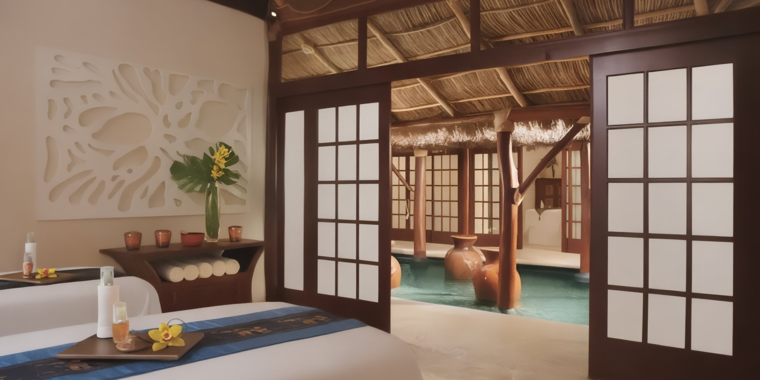 Relaxing spa room at the Krystal Grand Nuevo Vallarta featuring two massage tables, sliding wooden doors, a decorative wall panel, tropical flower arrangements, and a view of an indoor pool.