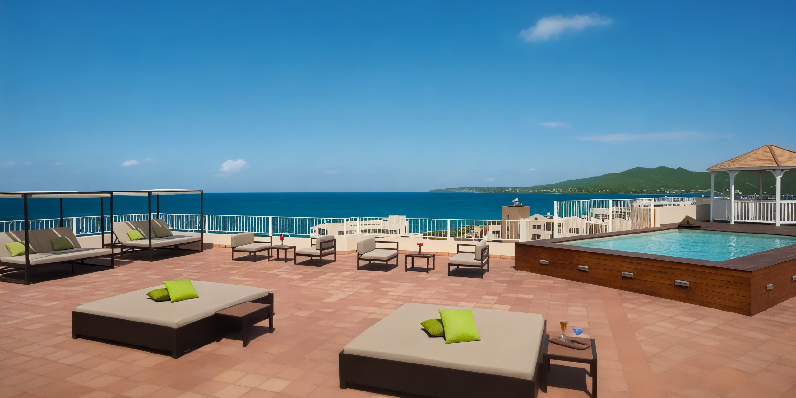 Experience the rooftop terrace at Krystal Grand Nuevo Vallarta, complete with lounge chairs, tables, and a pool that overlooks a scenic ocean view beneath a clear blue sky.