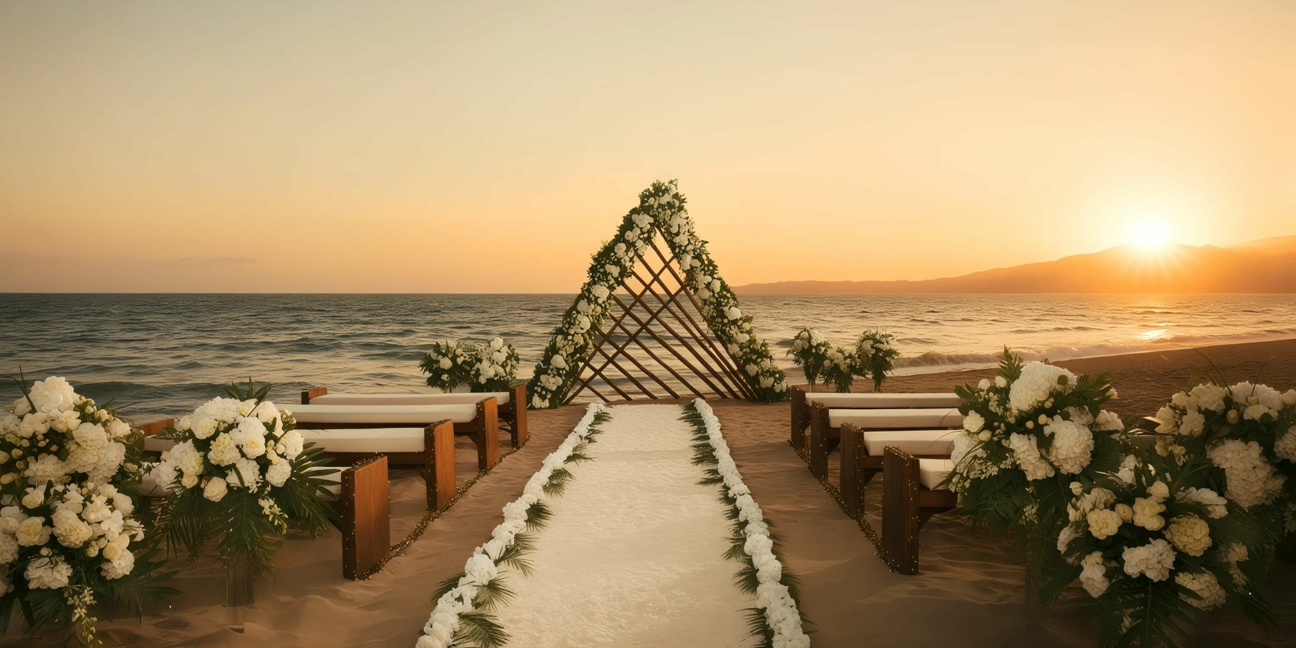 Beach wedding setup with a floral arch, benches, and a sunset over the ocean.