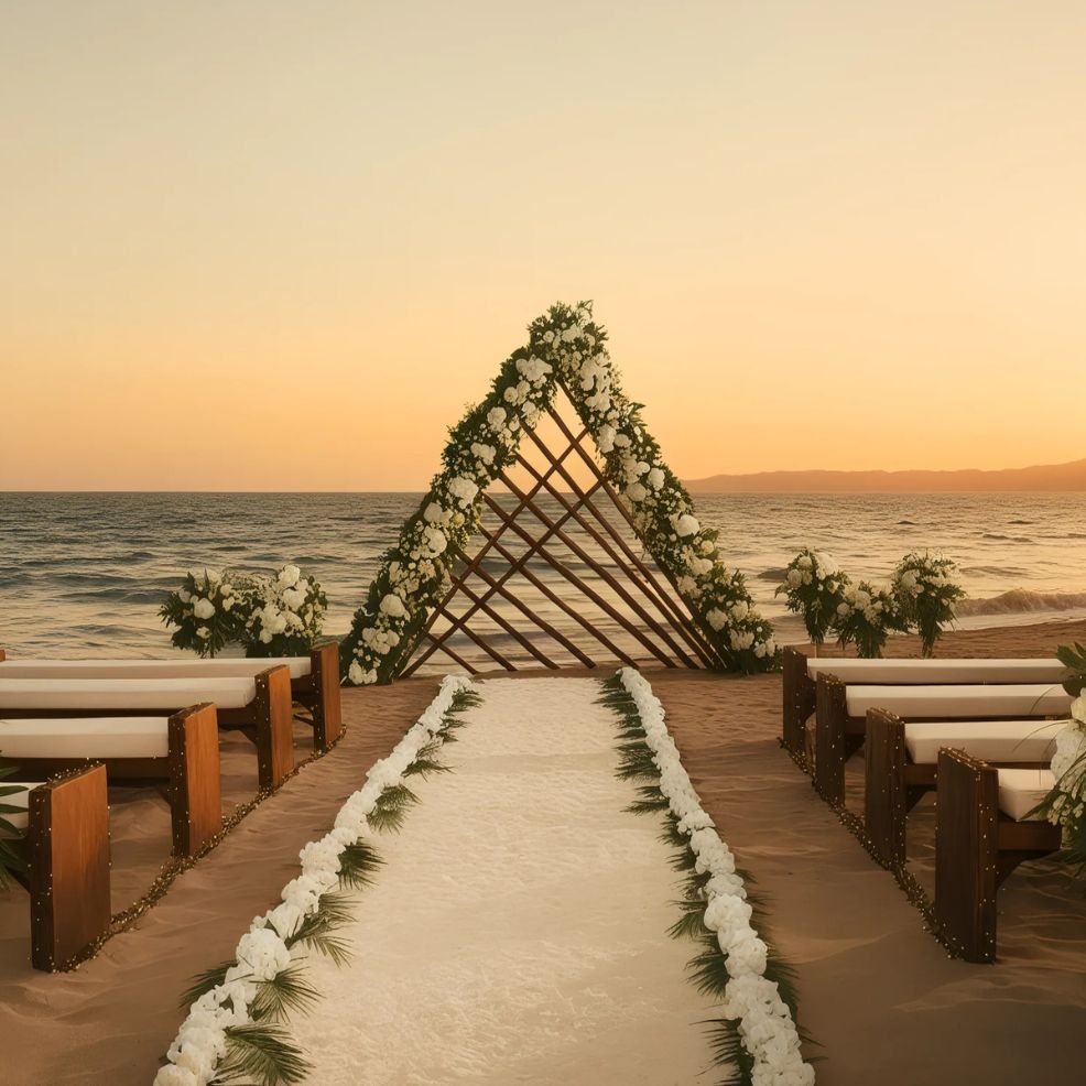 Beach wedding setup with a triangular floral arch, white aisle runner, and seating. The ocean and sunset are visible in the background.