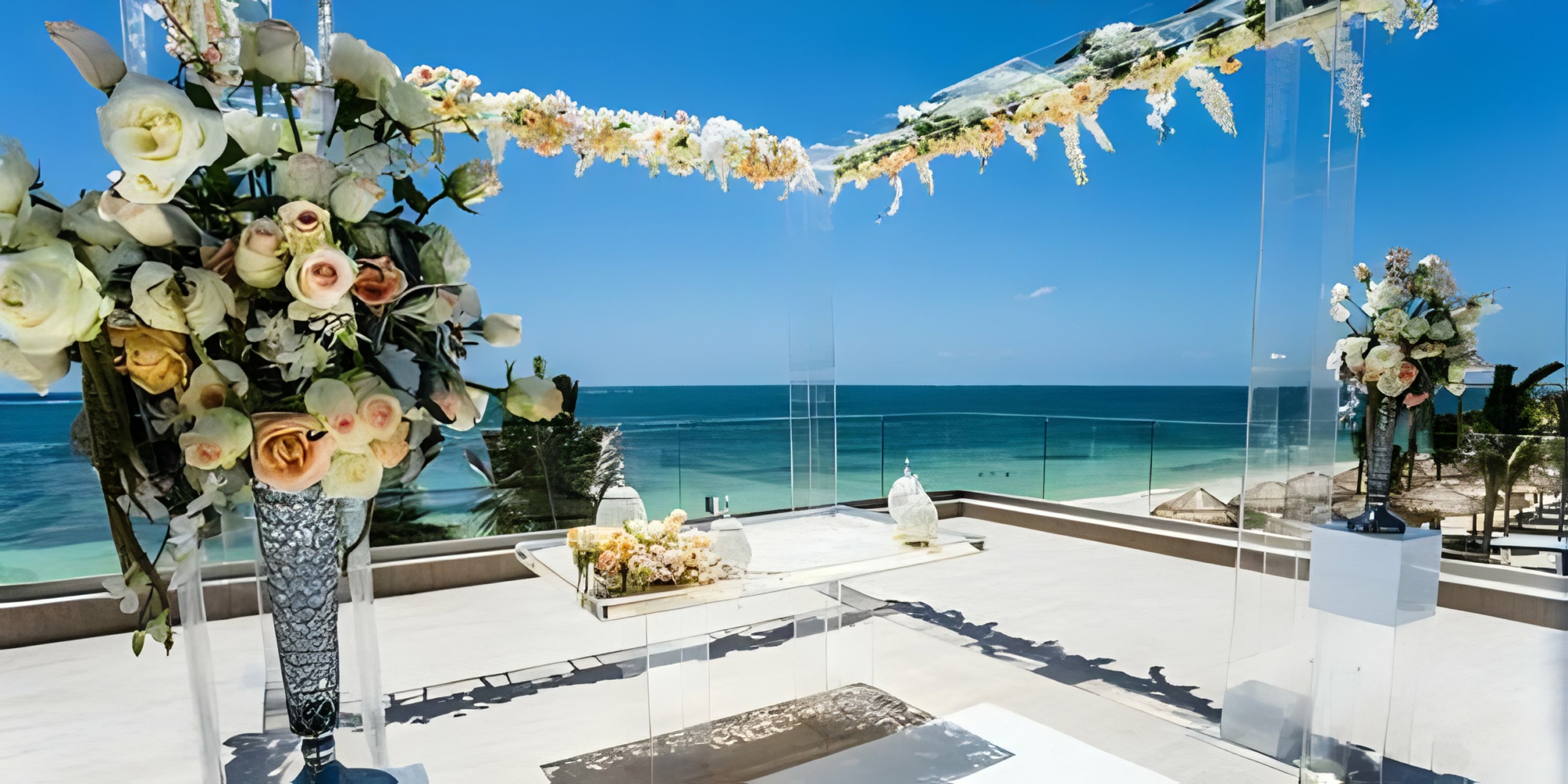 A wedding ceremony set up at Breathless Riviera Cancún Resort & Spa overlooking the ocean.