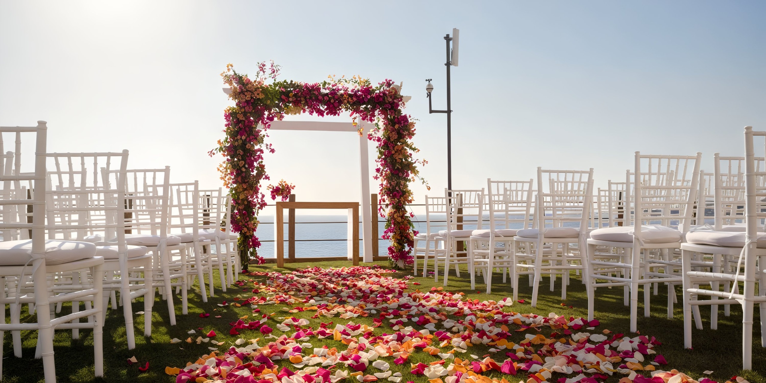 An outdoor wedding at Marival Armony features a floral archway, rows of white chairs, and a petal-strewn aisle with scenic water views.