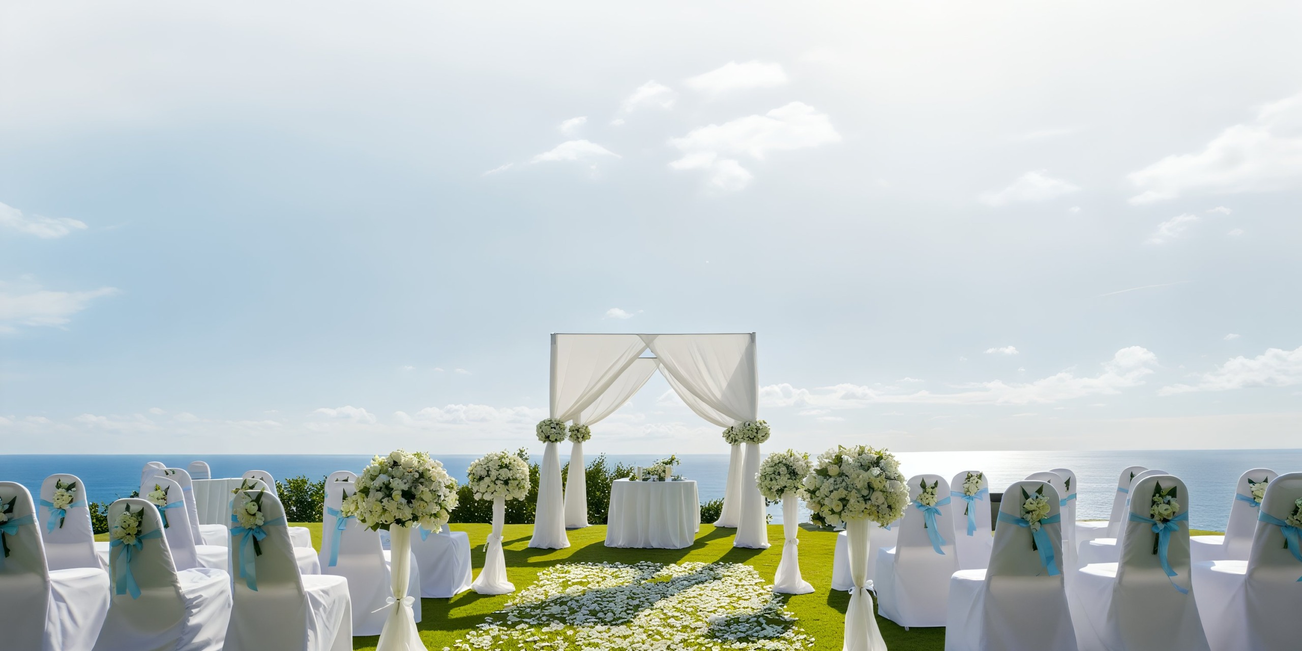 The Marival Armony offers an outdoor wedding venue with rows of chairs covered in white and accented with blue ribbons, featuring a flower-adorned archway that overlooks the scenic ocean view under a clear sky.