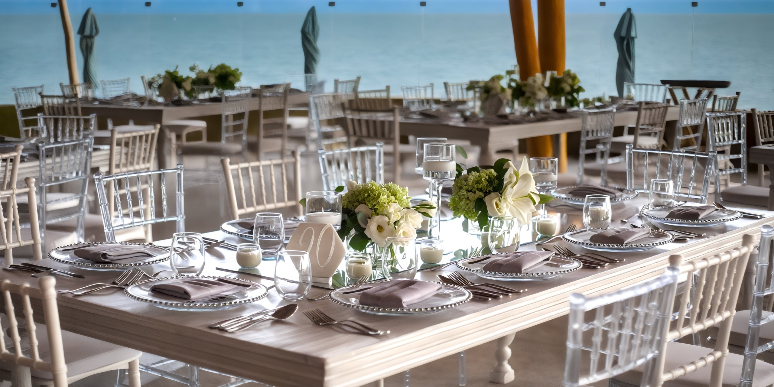Enjoy elegantly set tables featuring white flowers and glassware, all with a serene sea view at Marival Armony.