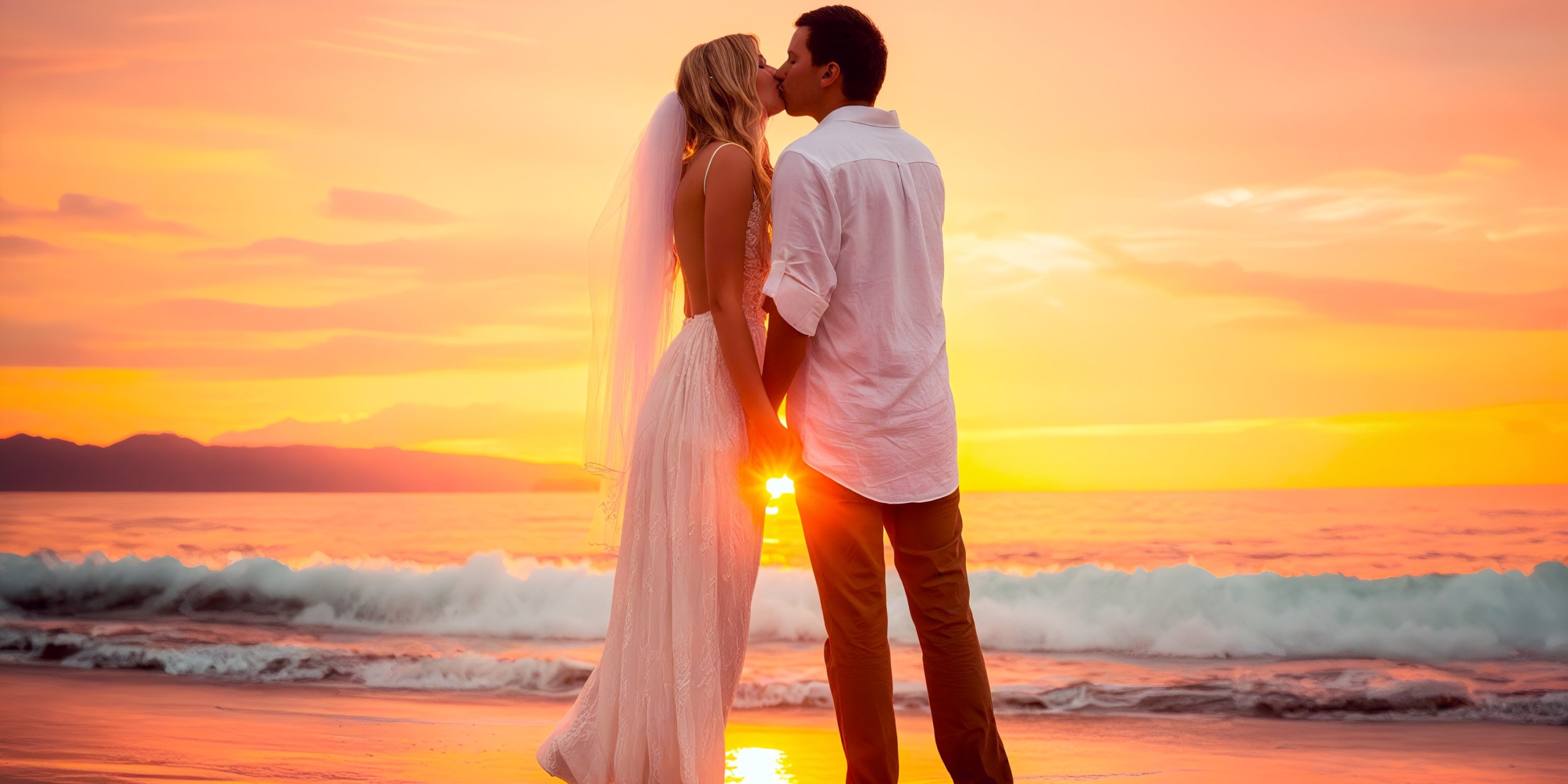 Under an orange sky at Marival Armony, a couple kisses on the beach. The woman, in a wedding dress and veil, embraces her partner who wears a white shirt and brown pants. Waves gracefully move in the background.
