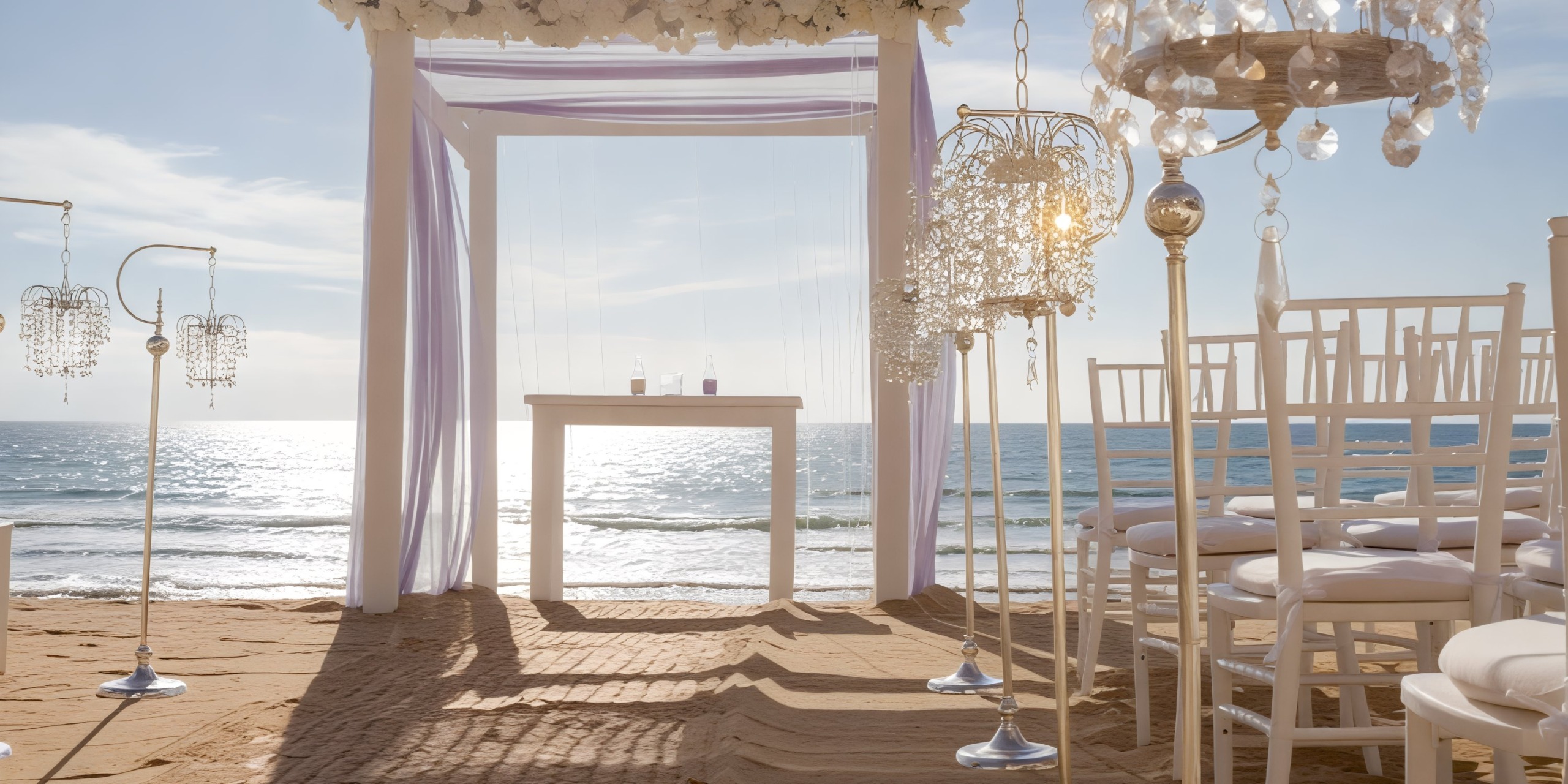 A Marival Emotions destination wedding features a breathtaking beachfront ceremony with elegant white chairs and a stunning floral arch offering panoramic views of the ocean.