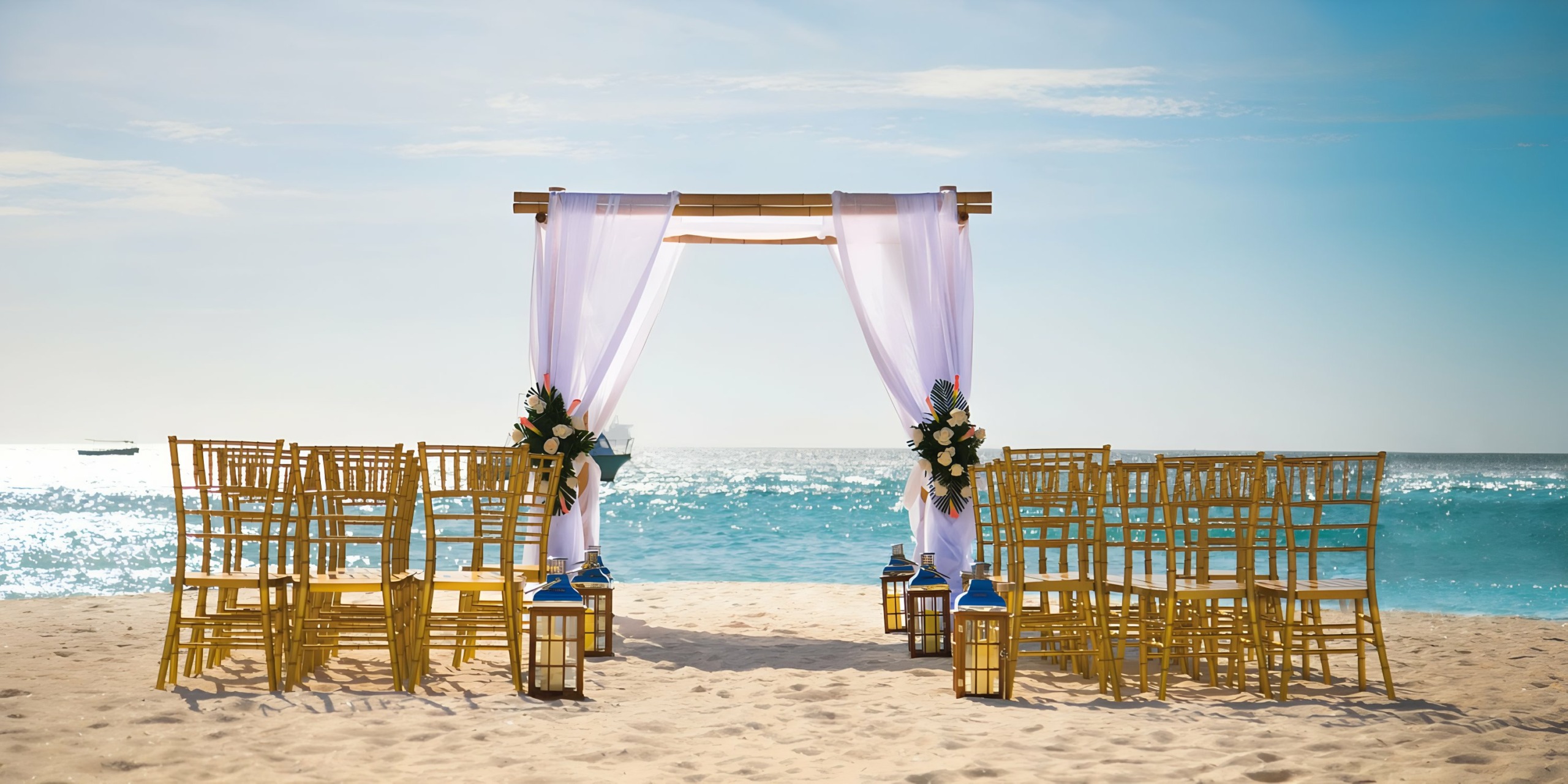 Beach wedding setup with a Hotel Riu Palace Aruba draped arch and gold chairs on the sand facing the ocean.