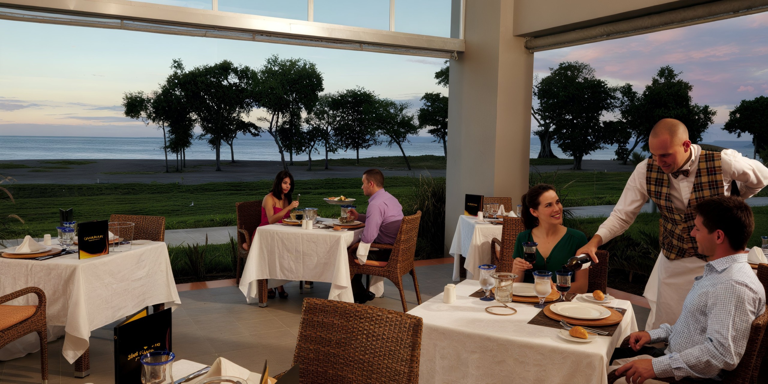 At the Hotel Riu Palace Costa Rica, guests can enjoy outdoor seating with stunning views of lush trees and serene waters. Diners relax at tables as a waiter attends to a couple, all under the soft hues of a sunset sky.