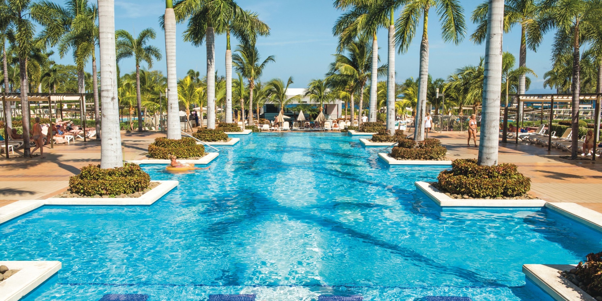 A long, rectangular swimming pool at Hotel Riu Palace Costa Rica is enveloped by palm trees and a clear blue sky. Sun loungers are arranged around the pool area, where people unwind nearby.