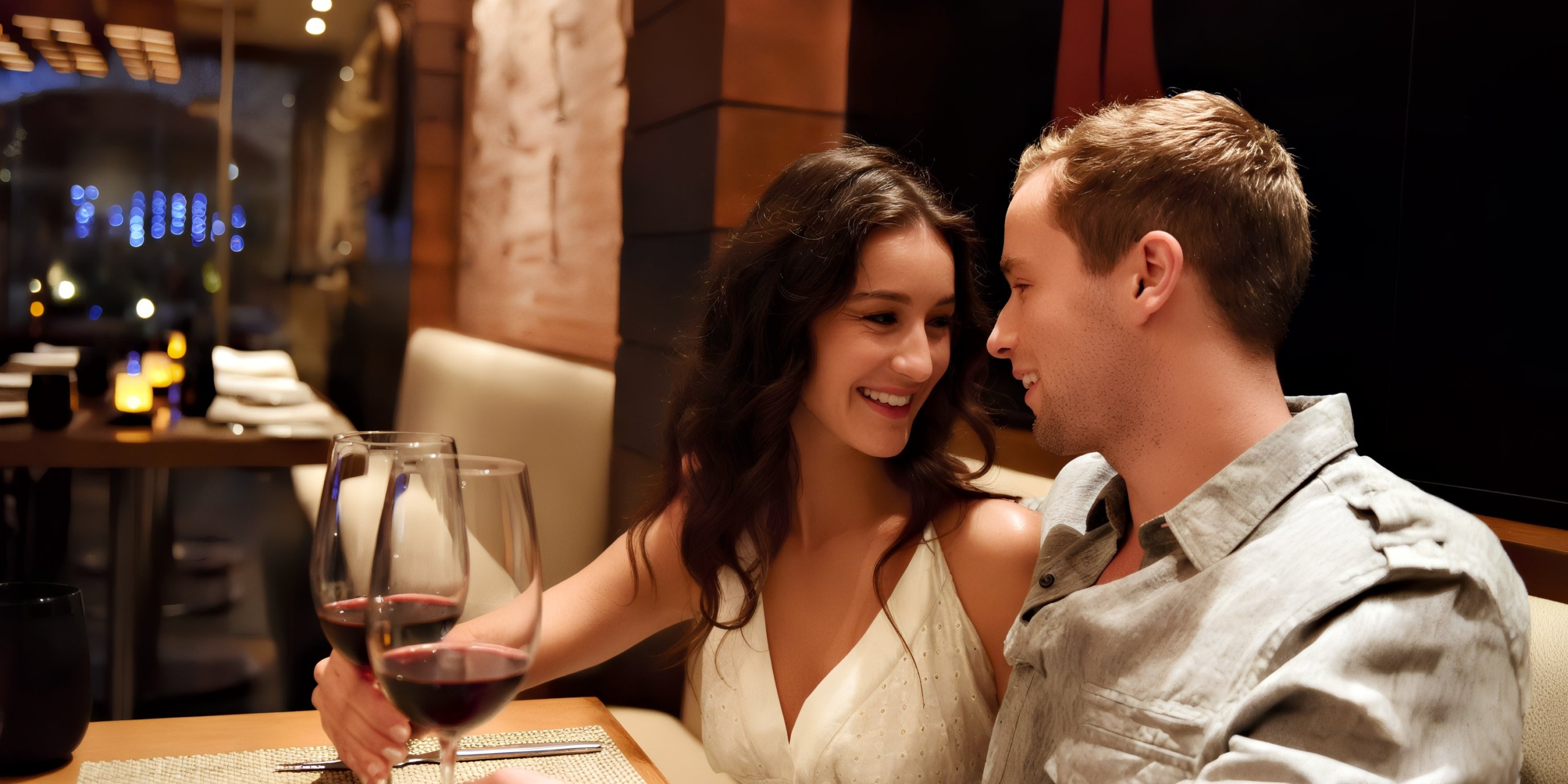 A couple relaxing at Royalton Punta Cana, smiling at each other, while holding glasses of red wine.