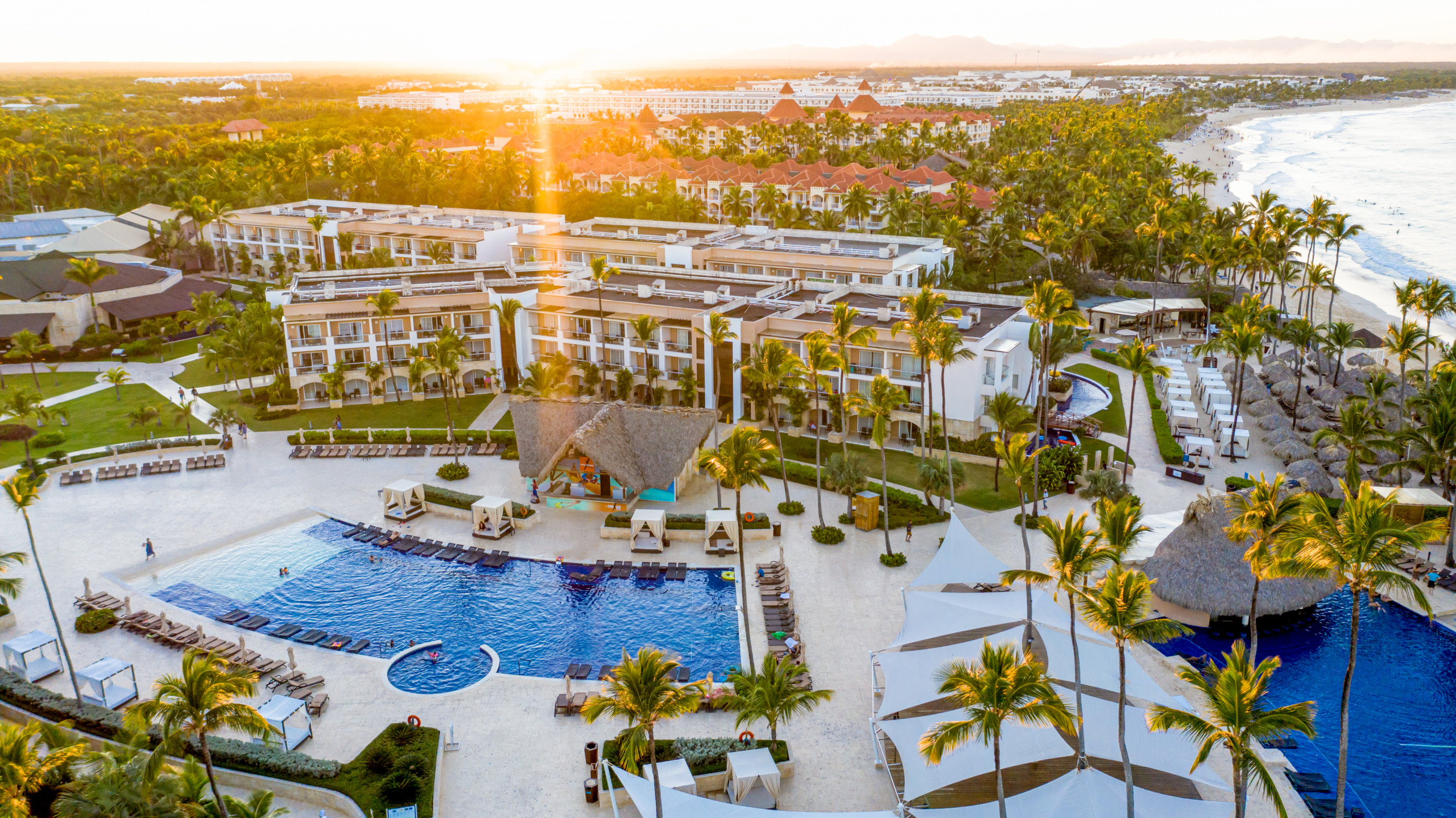 An aerial view of Royalton Punta Cana at sunset.