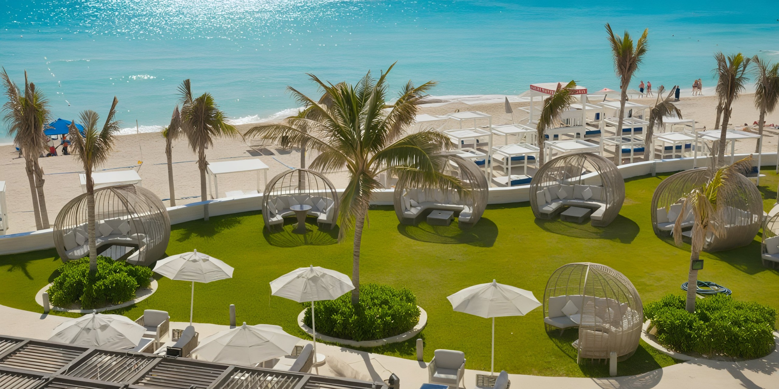 Sandos Cancun Lifestyle Resort features cabanas, white lounge chairs, and palm trees with stunning views of a turquoise ocean.