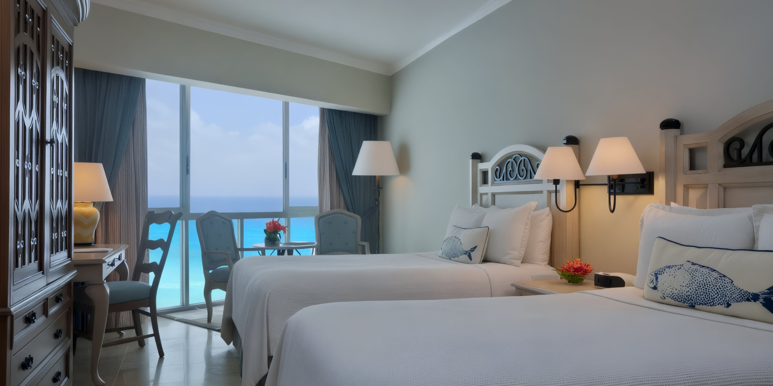 Stay in a room at the Sandos Cancun Lifestyle Resort featuring two beds, a table with chairs by a large window offering breathtaking ocean views, and gentle lighting from elegant lamps.