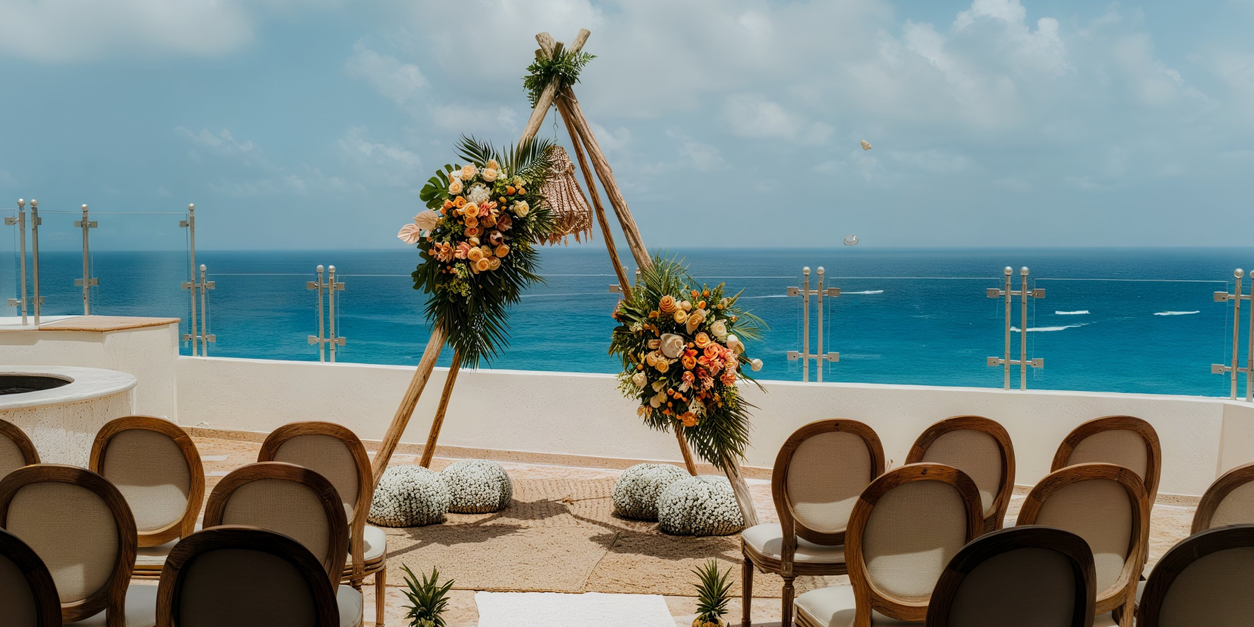 Experience an outdoor wedding setup at the Sandos Cancun Lifestyle Resort, featuring elegant floral arrangements on a bamboo arch facing the ocean. Rows of chairs are beautifully arranged on our terrace under a stunning blue sky.