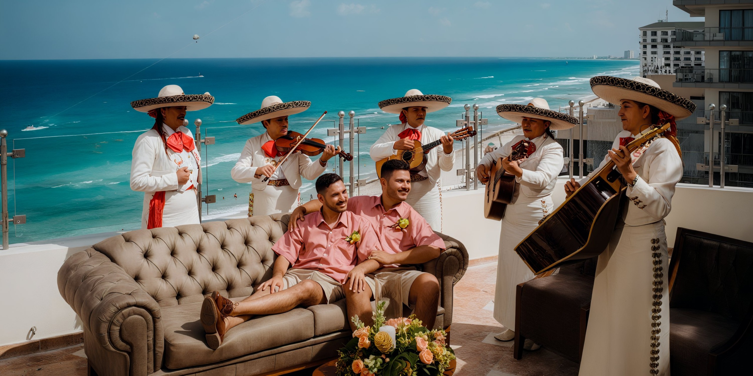 Two people in matching outfits relax on a couch on the balcony at the Sandos Cancun Lifestyle Resort, enjoying the ocean view as a mariachi band plays nearby.