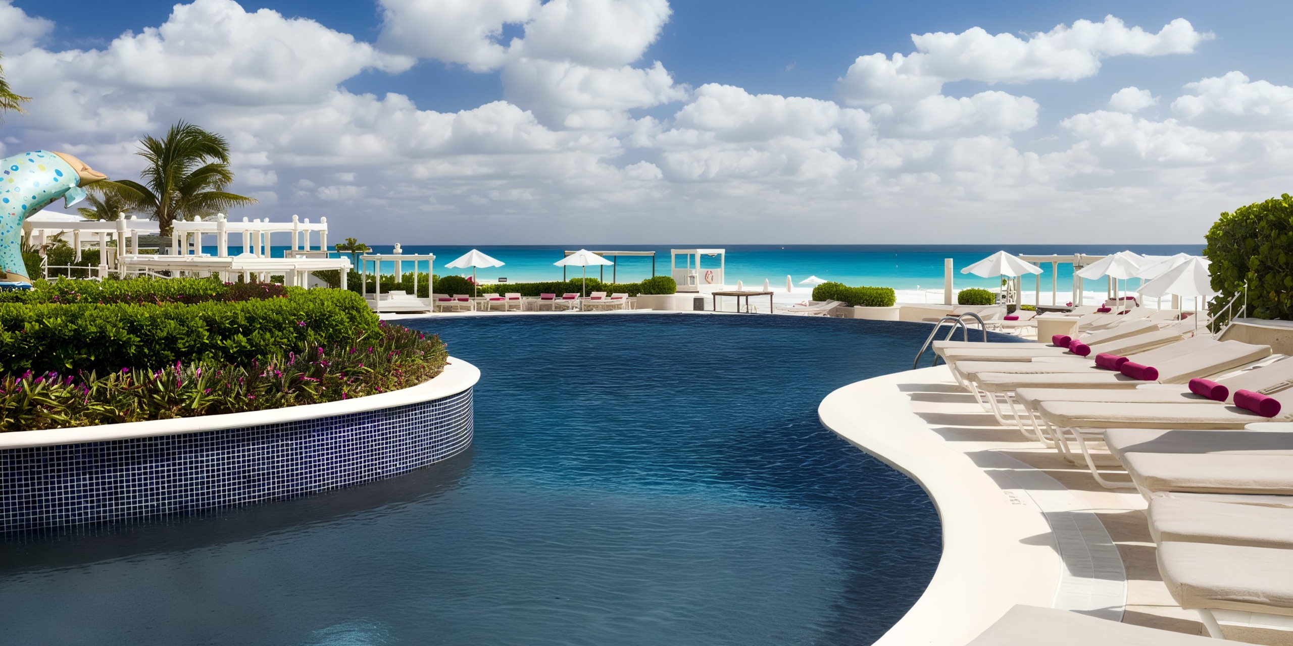 The Sandos Cancun Lifestyle Resort features a curved pool complete with lounge chairs and umbrellas, offering stunning views of a sandy beach and the blue ocean under a partly cloudy sky.