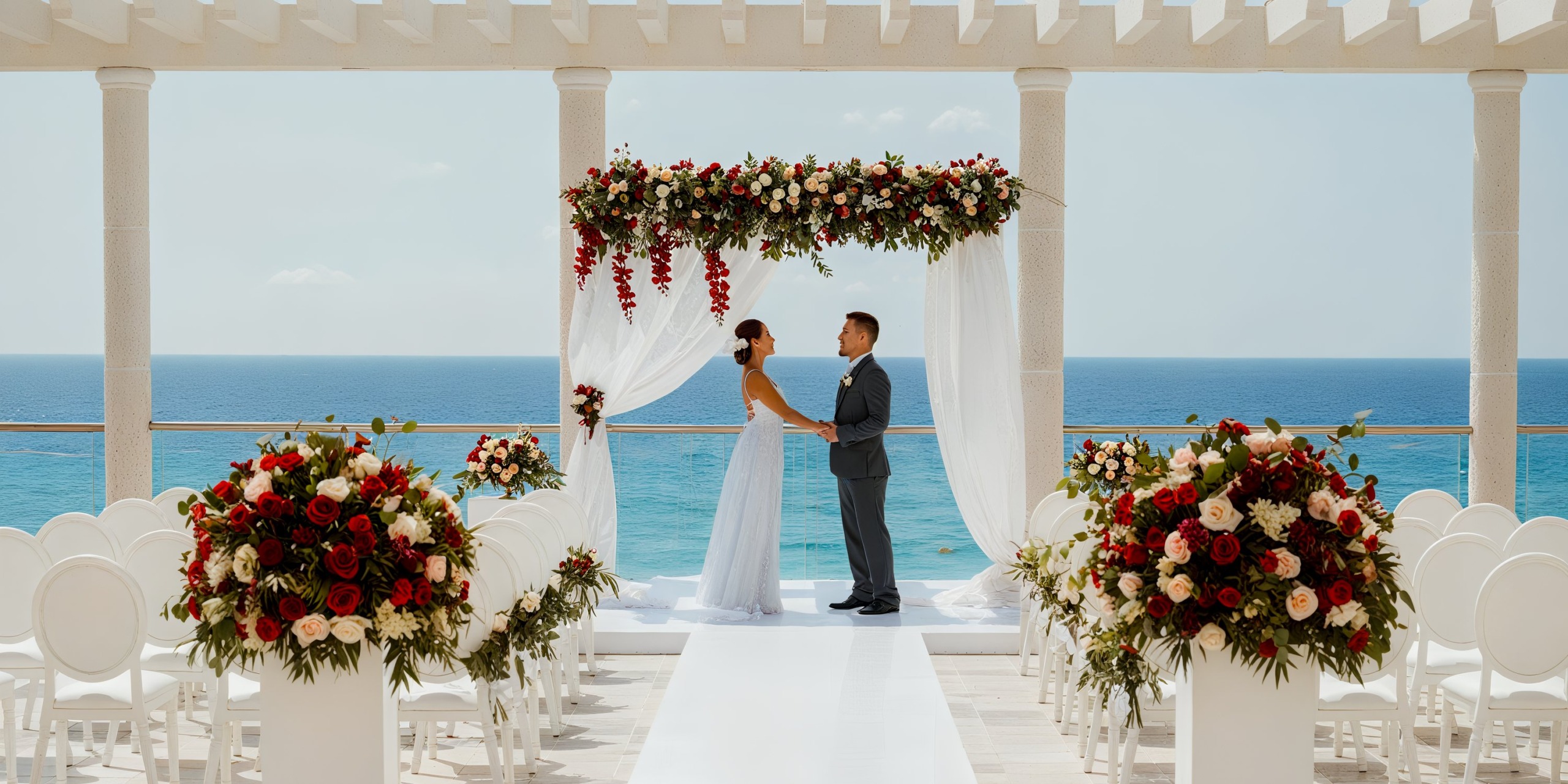 A couple stands under a floral wedding arch on a seaside terrace at Sandos Cancun Lifestyle Resort, surrounded by white chairs and red flower arrangements.