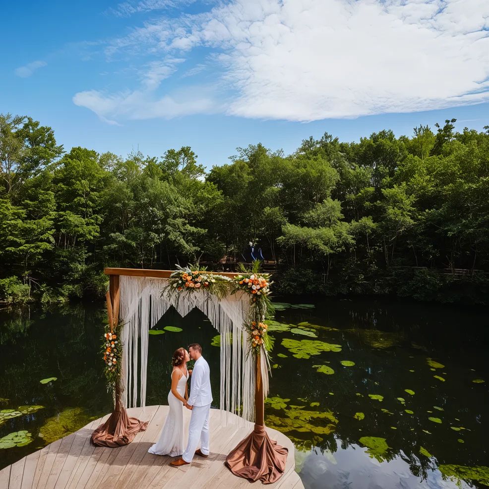 A couple in wedding attire embraces under a floral arch on a wooden deck by a pond surrounded by trees.