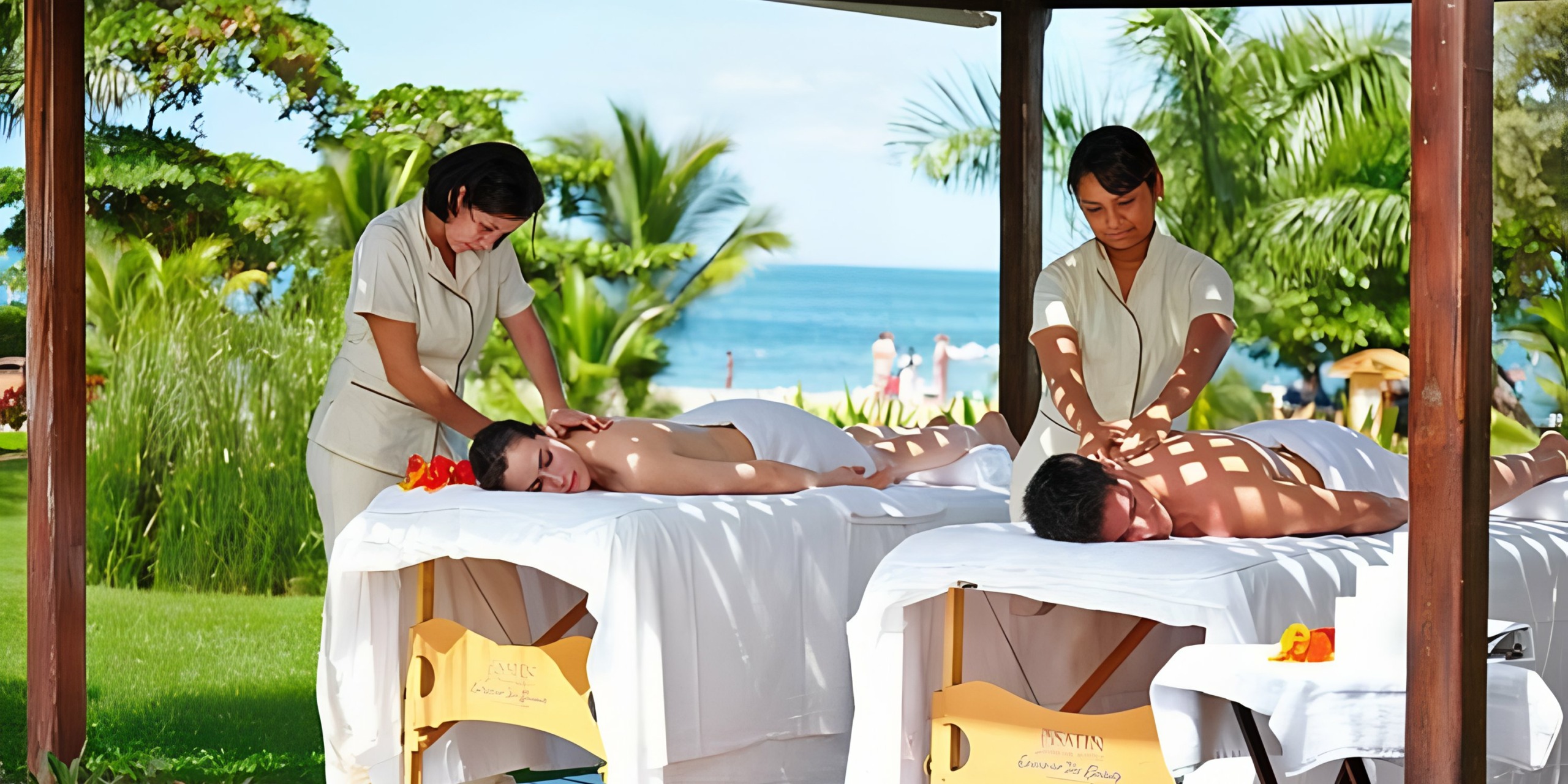 Two individuals receiving outdoor massages at Hotel Riu Palace Costa Rica with a view of the beach in the background.