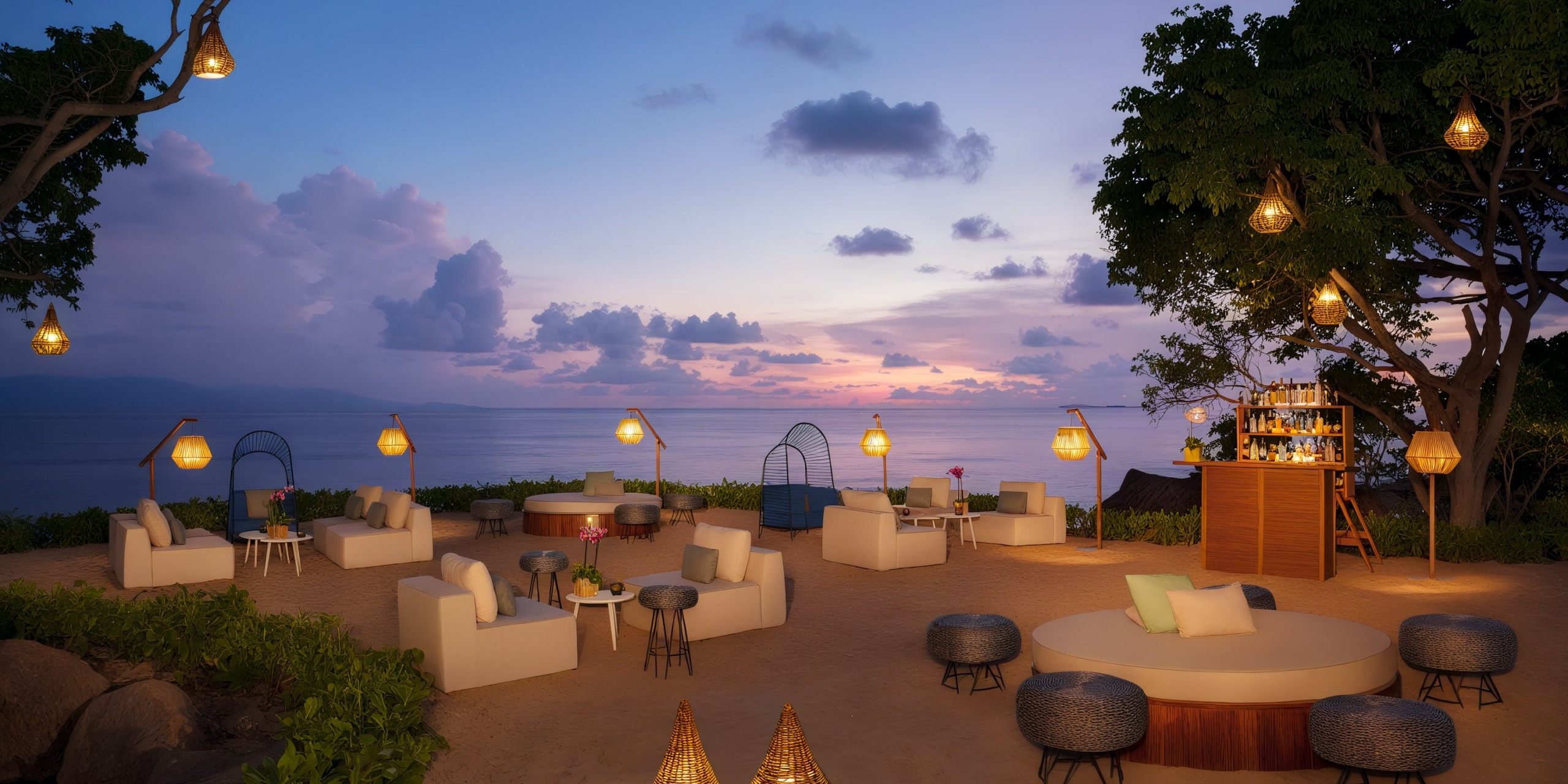 Enjoy the outdoor lounge area at Secrets Bahia Mita, where you can gaze at the ocean during sunset. The area features white seating, tables, hanging lights, and a small bar nestled among the trees.