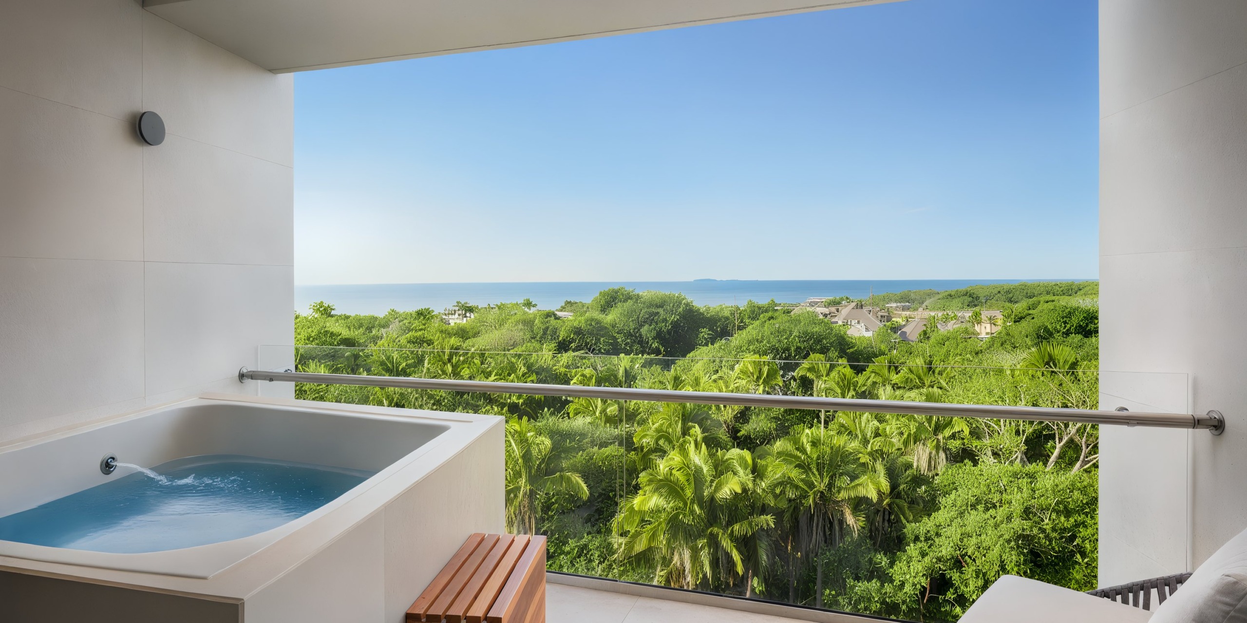 Experience a modern balcony at Secrets Bahia Mita featuring a hot tub and offering breathtaking views of lush green trees and the distant ocean under a clear blue sky.