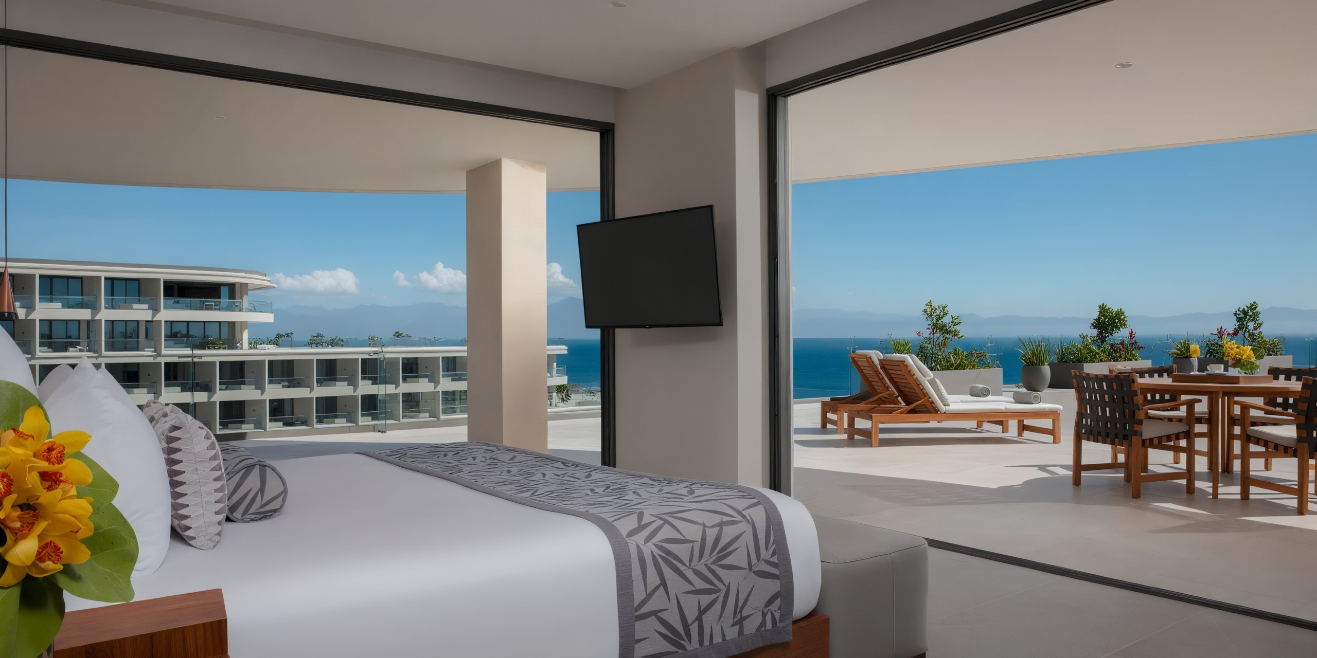 A contemporary room at Secrets Bahia Mita, equipped with a bed and TV, highlighting expansive windows and a balcony overlooking the ocean, complete with outdoor lounge chairs and a dining table.