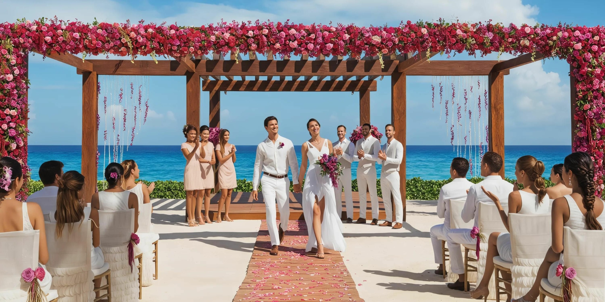 A couple in white wedding attire walks down the aisle outdoors at Secrets Riviera Cancun, surrounded by guests seated in white chairs. A flower-decorated wooden arch and the ocean are visible in the background.