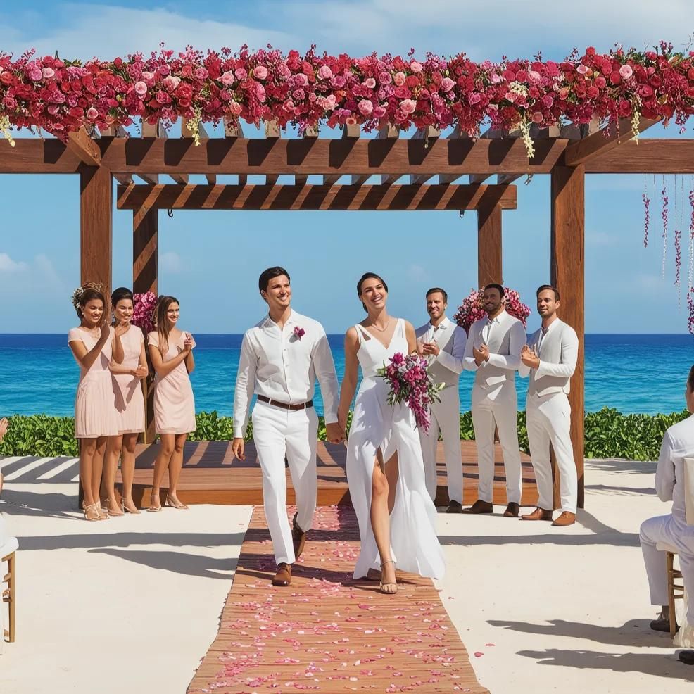 A newlywed couple walks down the aisle under a wooden arch adorned with vibrant flowers by the seaside. Bridesmaids and groomsmen stand on either side, clapping and smiling.
