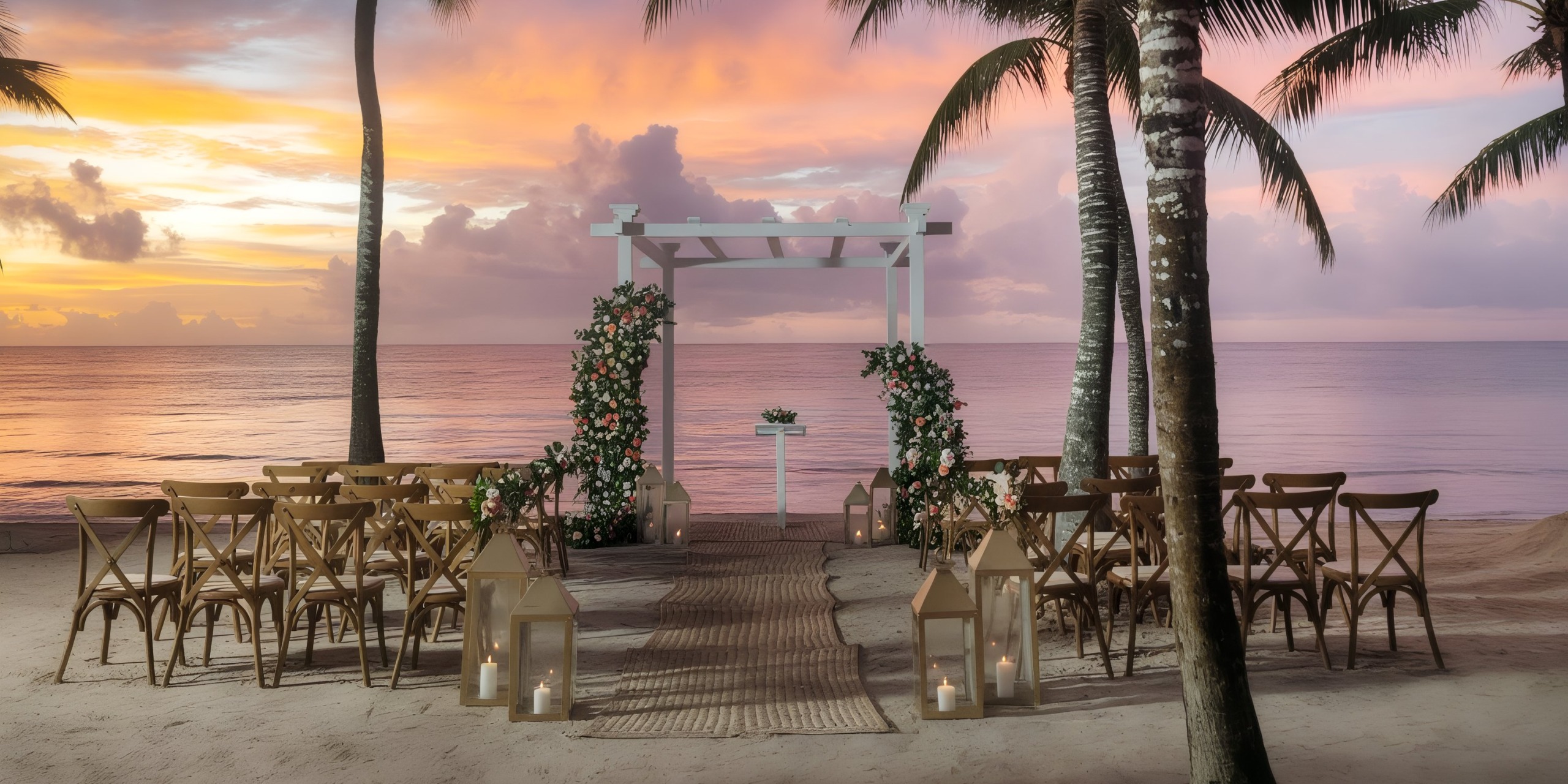 TRS Yucatan offers a breathtaking beach wedding setup, featuring a pristine white arch adorned with floral decorations, elegantly surrounded by wooden chairs and lanterns on the sandy shore at sunset.