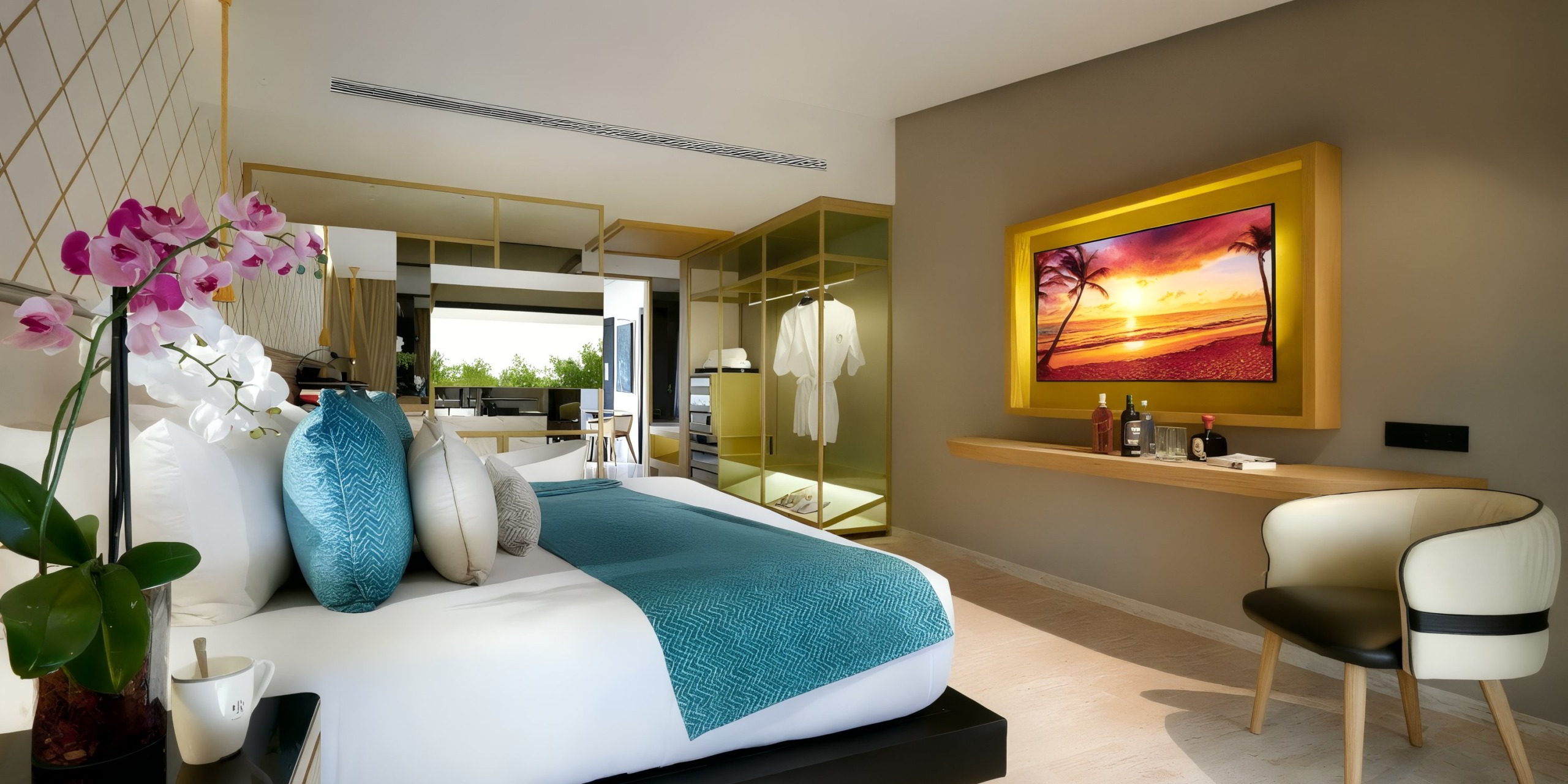 Experience a stay in a TRS Yucatan room, featuring a neatly made bed, a flat-screen TV showcasing a sunset, orchids adorning the side table, and a glass partition dividing the bathroom area.
