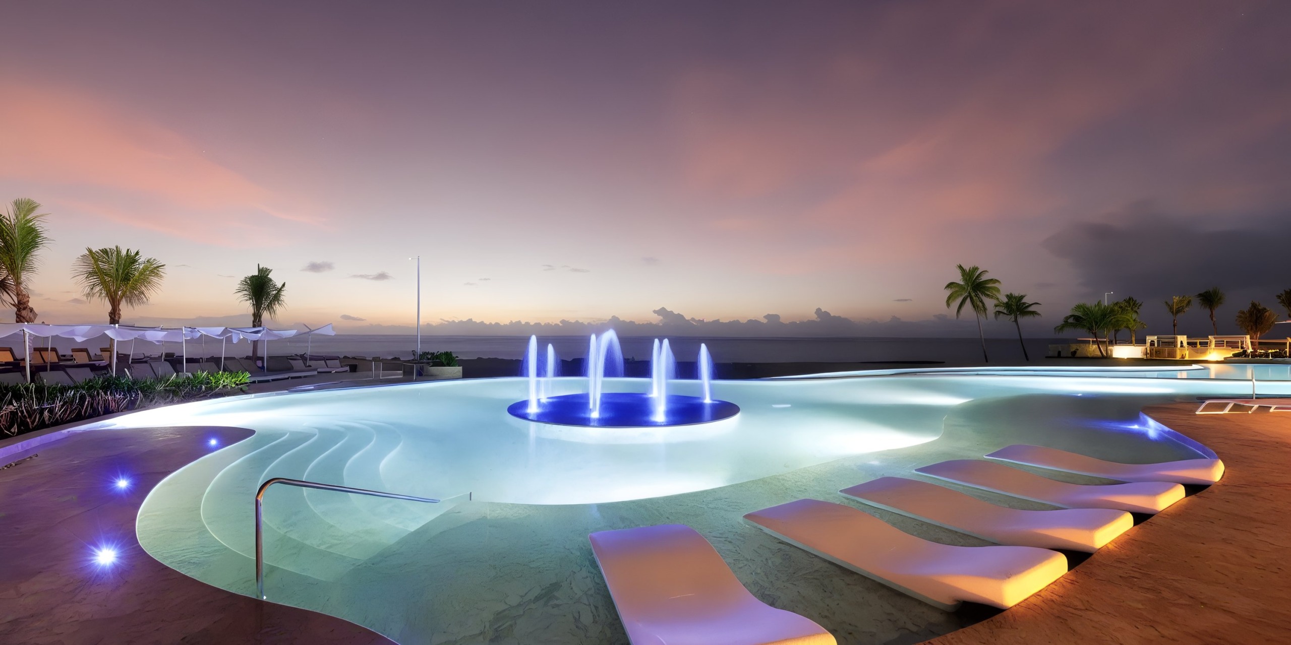 Experience the mesmerizing sunset at TRS Yucatan's infinity pool, featuring illuminated fountains and submerged lounge chairs, all overlooking the ocean amidst a scenic backdrop of palm trees.