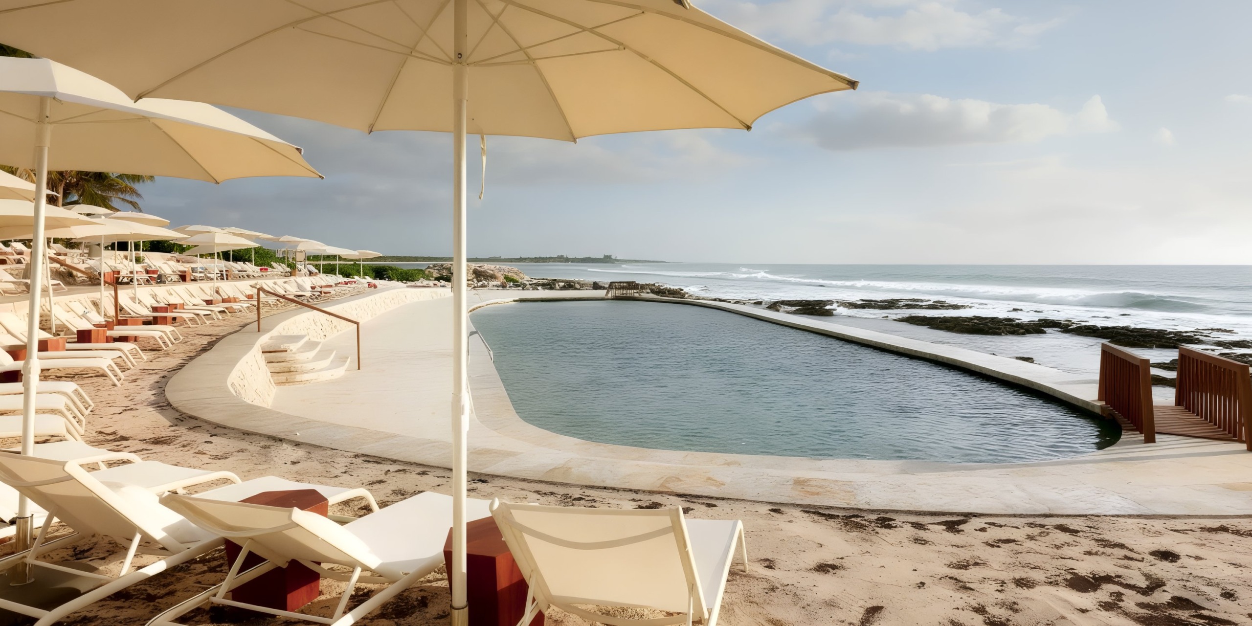 A stunning pool at TRS Yucatan featuring white lounge chairs and umbrellas, all with a breathtaking ocean view under a cloudy sky.