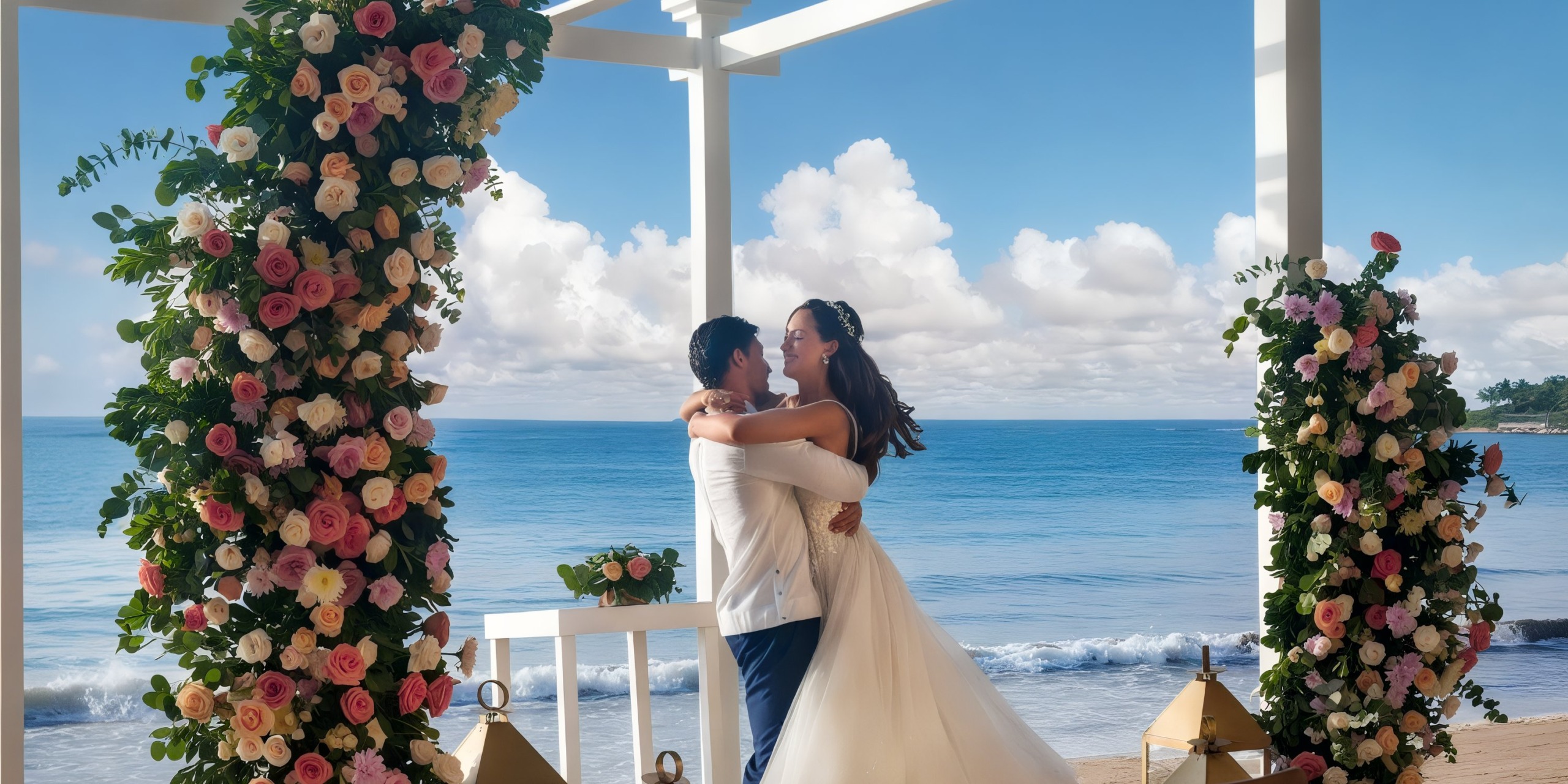 A couple embraces beneath the floral arch at their TRS Yucatan beachside wedding ceremony, with the ocean serving as a stunning backdrop.