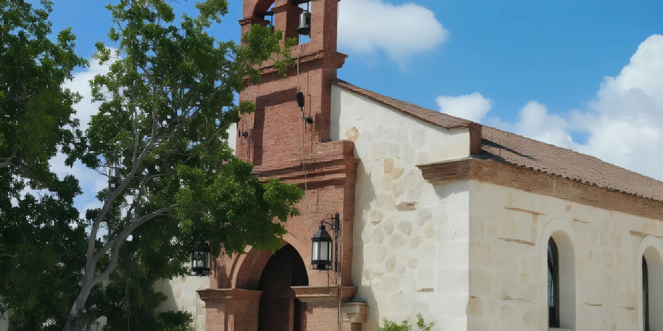 A small stone church with a red brick bell tower, arched entrance, and lanterns, set against a bright blue sky and leafy tree.