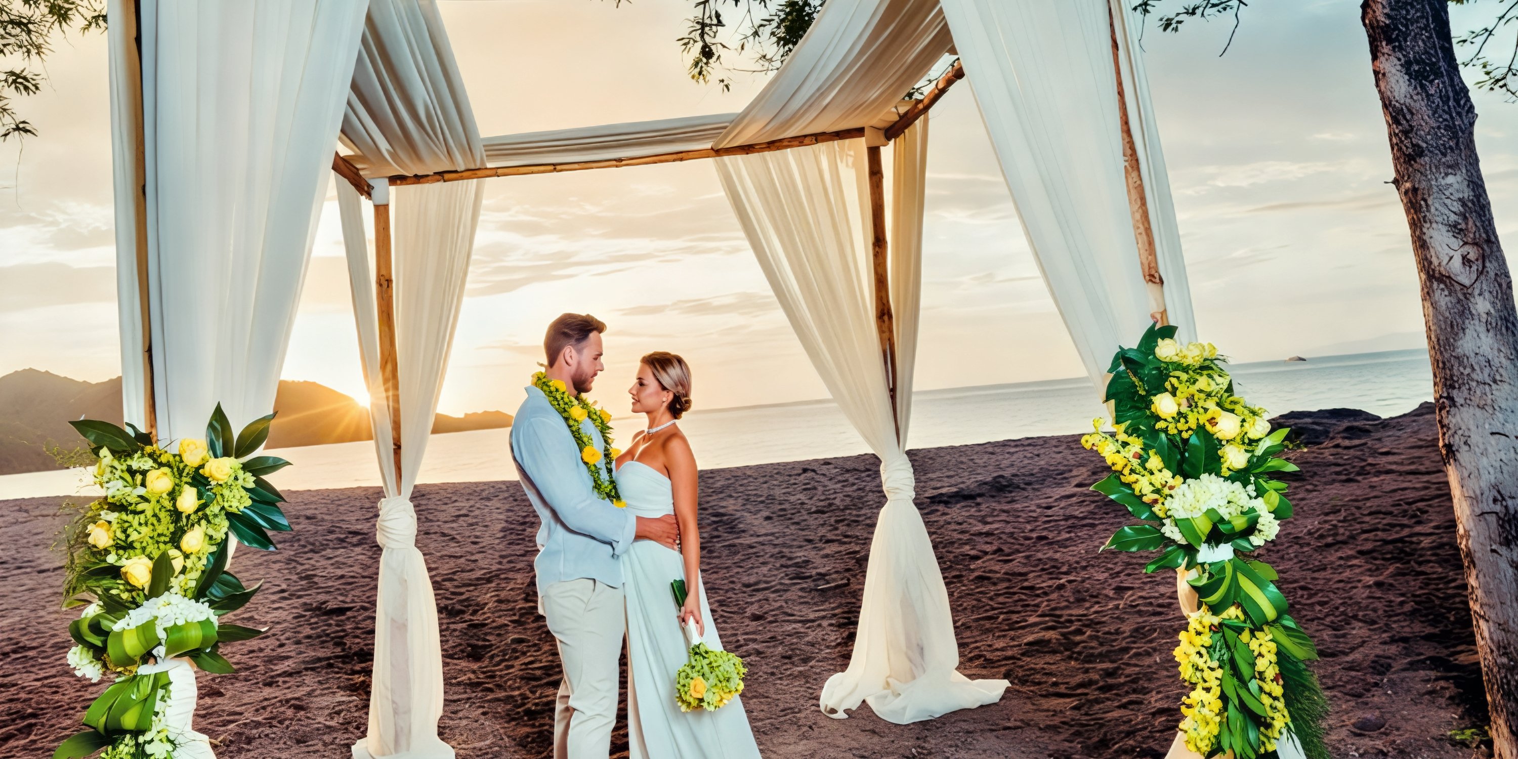 A couple stands beneath a romantic canopy on the beach at Hotel Riu Guanacaste, sharing a breathtaking sunset during their destination wedding.