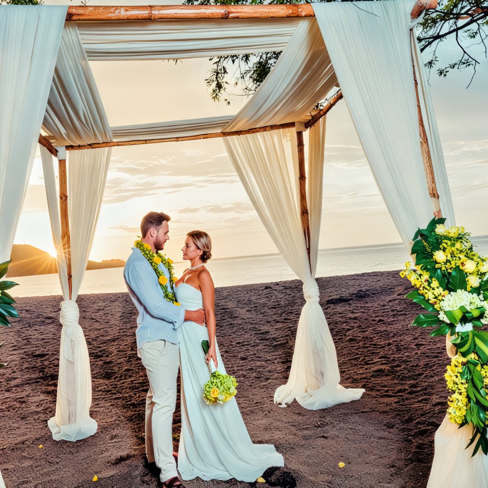 A couple stands beneath a beautifully decorated wedding canopy on the beach at sunset, dressed in leis and elegant destination wedding attire.