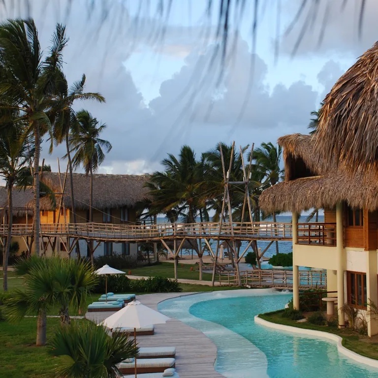 A destination wedding Zoetry Agua Punta Cana with thatched-roof buildings, a curved pool, palm trees, and a wooden bridge, viewed through blurred palm leaves.
