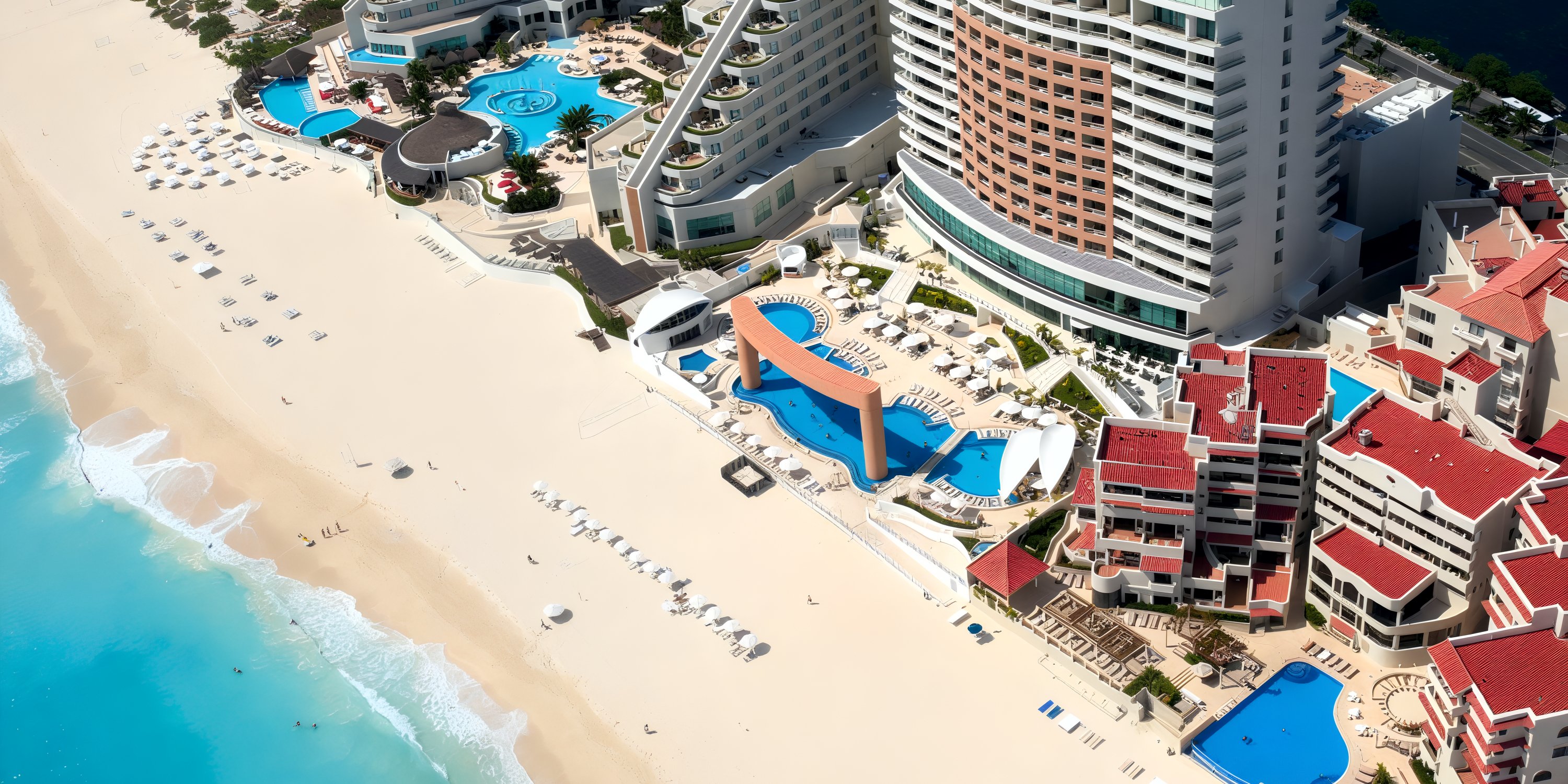 Aerial view of Beach Palace Cancun showcasing the perfect destination wedding setting, with sparkling pools, towering white buildings, and a sandy beach below.