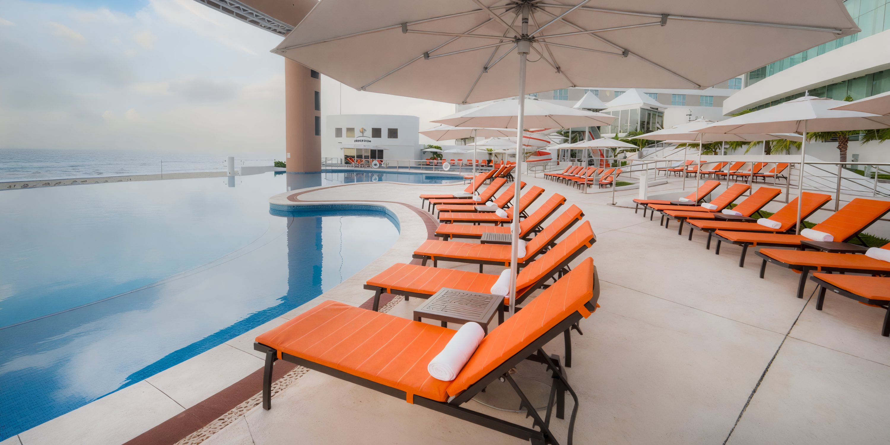 Beach Palace Cancun features orange lounge chairs by a gracefully curved pool adorned with white umbrellas, making it an ideal setting for a destination wedding.