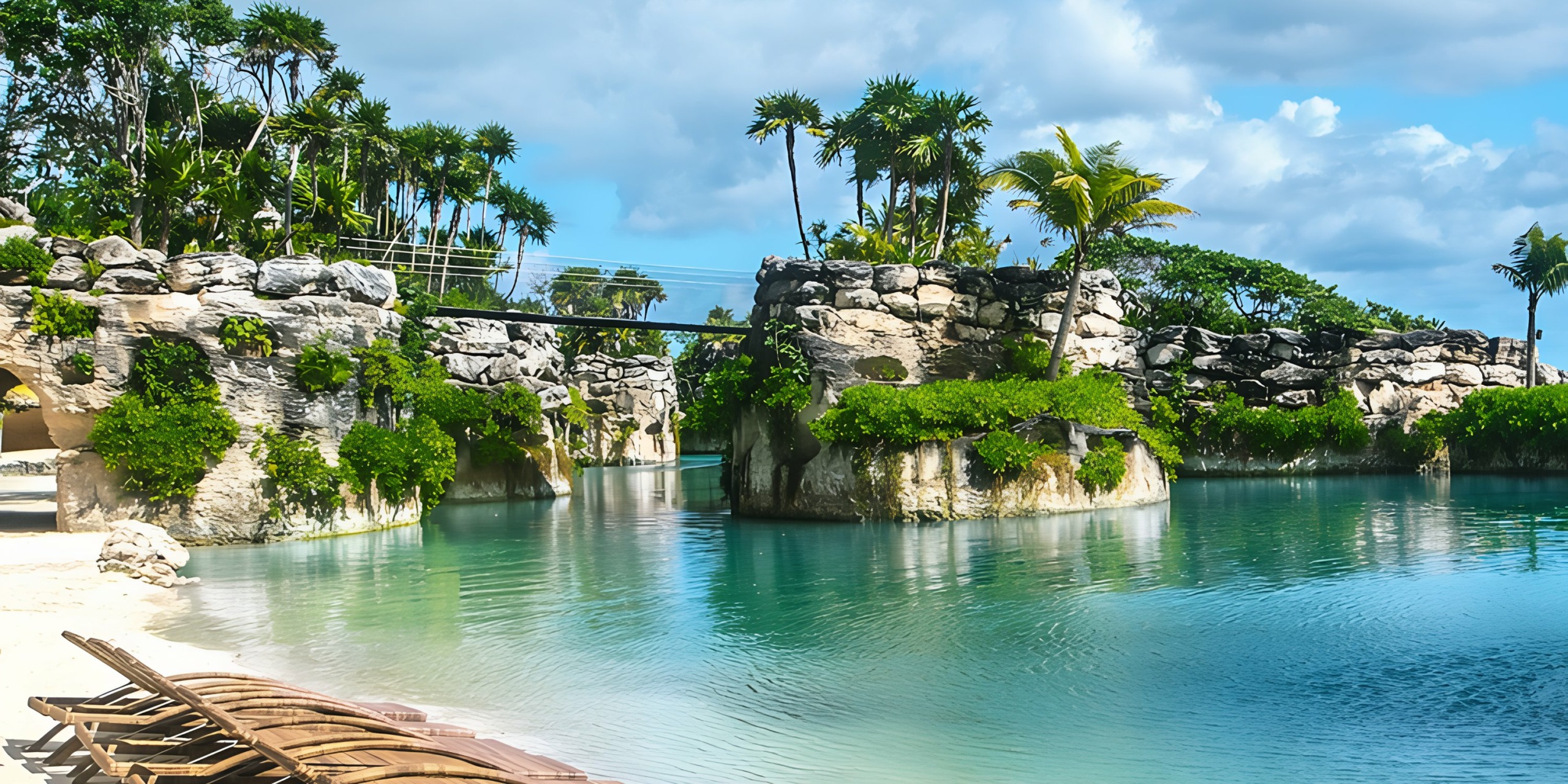 A serene Hotel Xcaret with a zip line stretching between rocky outcrops, surrounded by palm trees under a clear sky, with wooden boats on the shore.