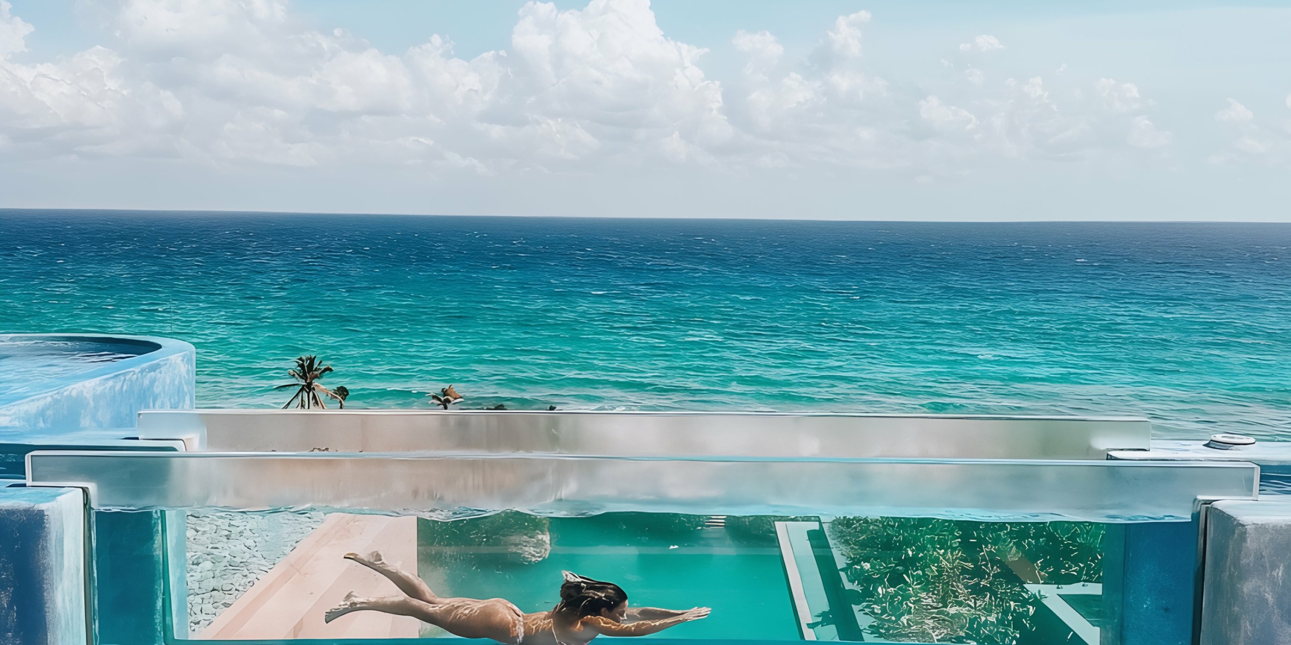 A woman swimming in a clear infinity pool at Hotel Xcaret overlooking a vast blue ocean under a clear sky.
