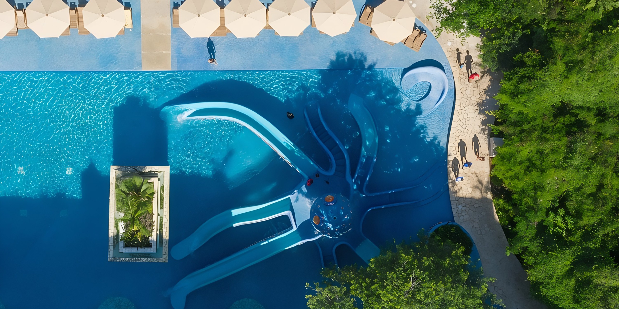 Aerial view of a Hotel Xcaret with blue umbrellas and loungers arranged neatly around it.