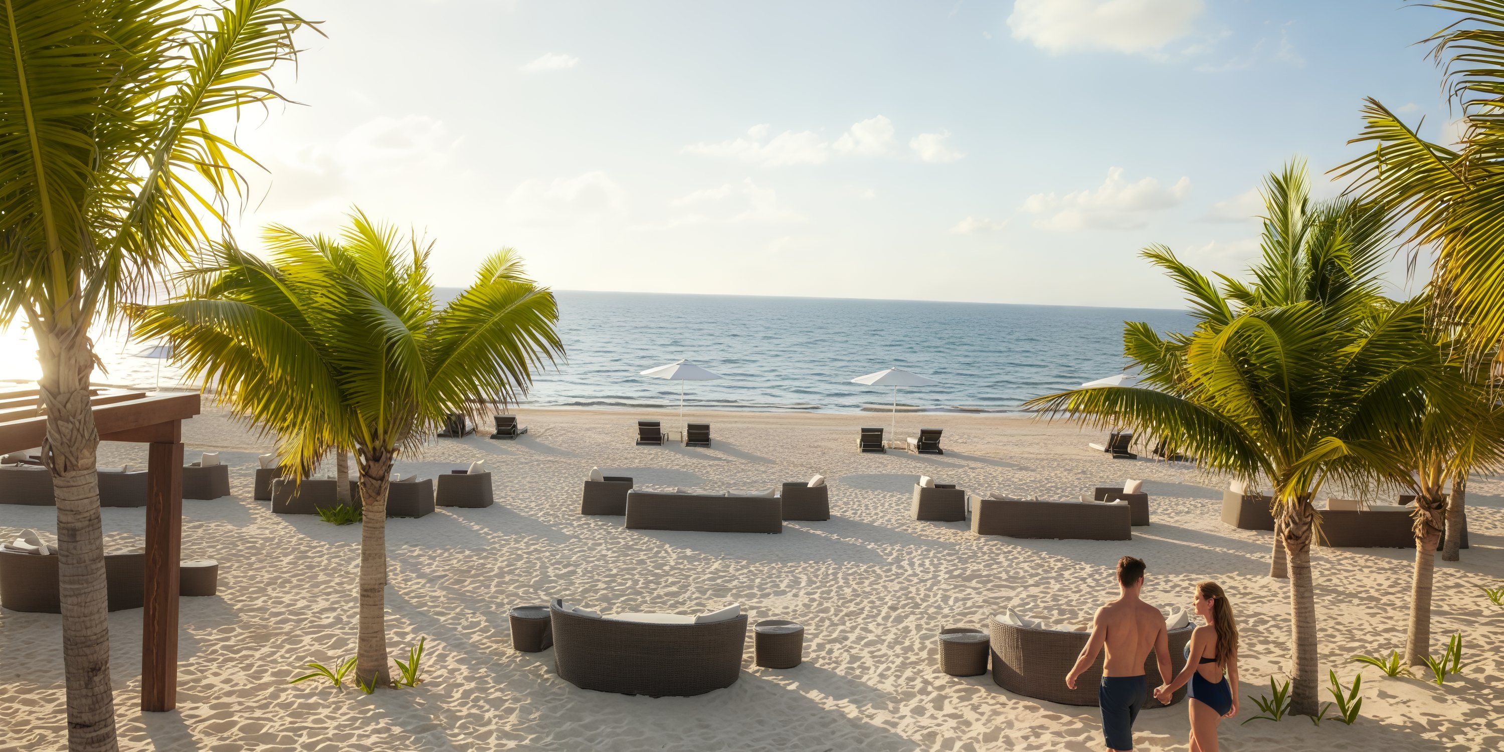 A couple strolls along the sandy beach at Moon Palace The Grand, surrounded by palm trees and ocean views, savoring the perfect setting for a destination wedding.