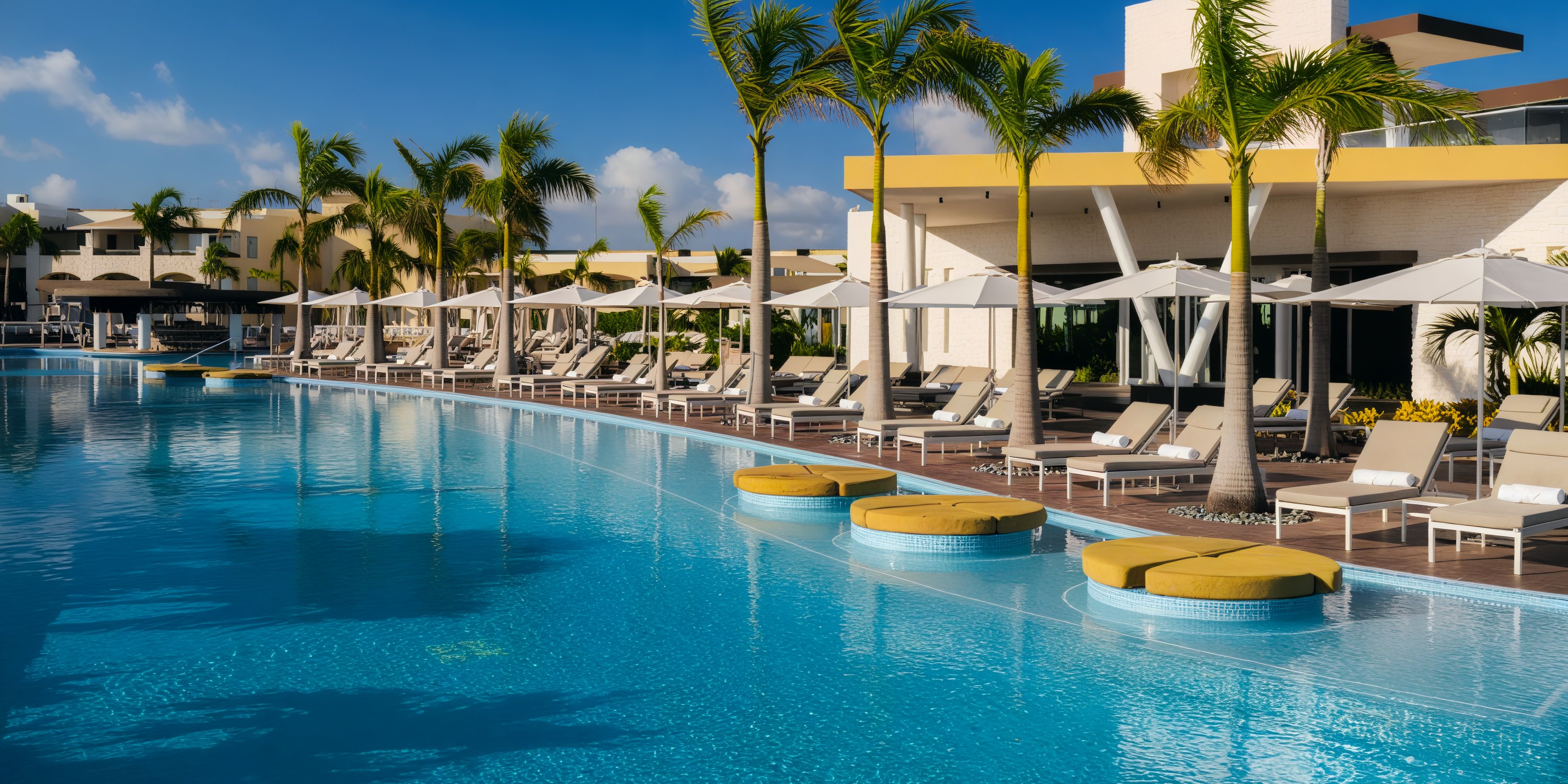 Moon Palace The Grand's outdoor pool, with its lounge chairs and umbrellas set against a modern building, offers an idyllic setting perfect for a destination wedding.