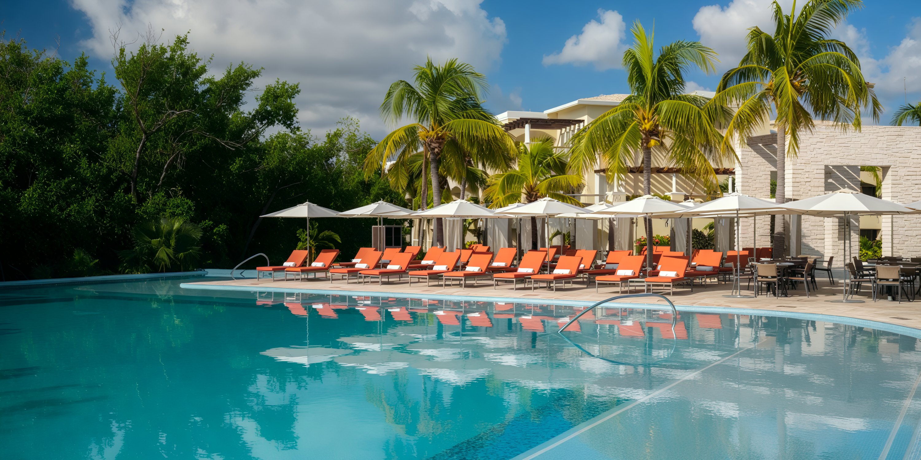 Moon Palace The Grand: A stunning outdoor pool area featuring orange loungers, umbrellas, and palm trees, perfect for a destination wedding.