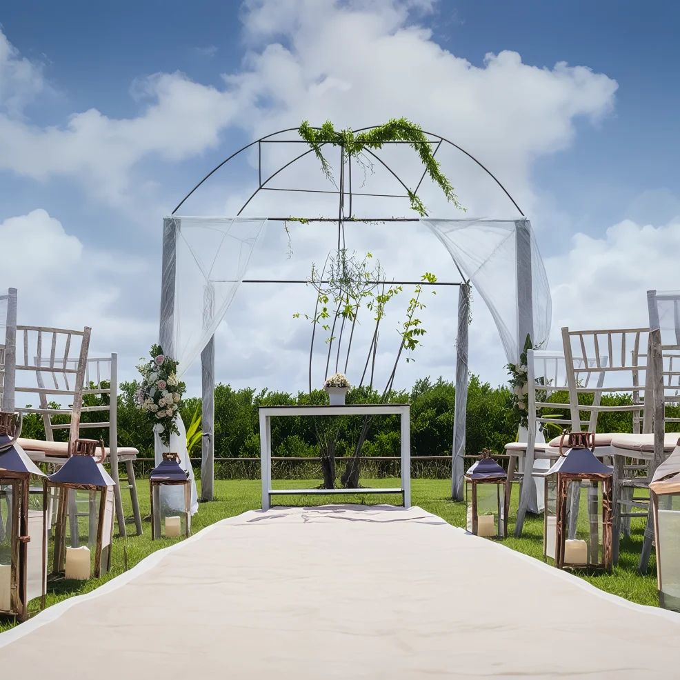 Outdoor wedding setup with a white arch decorated with greenery, a narrow aisle with white fabric, surrounded by wooden chairs and lanterns on a grassy field under a partly cloudy sky.